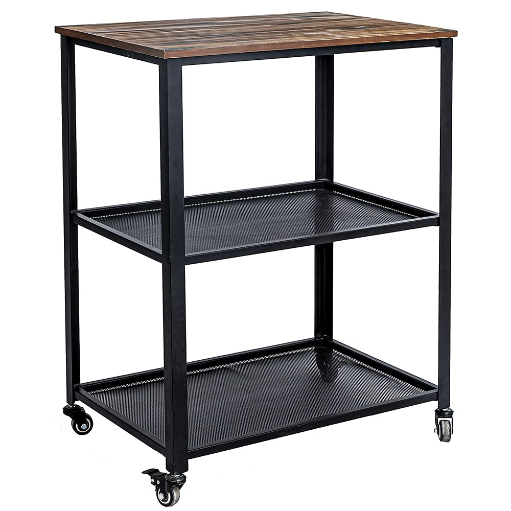 3-Tier Utility Kitchen Cart with Wheels - Sturdy Wooden & Metal Baker’s Rack, Microwave Stand, Rolling Serving Storage for Kitchen, Perfect for Small Spaces & Home Organization