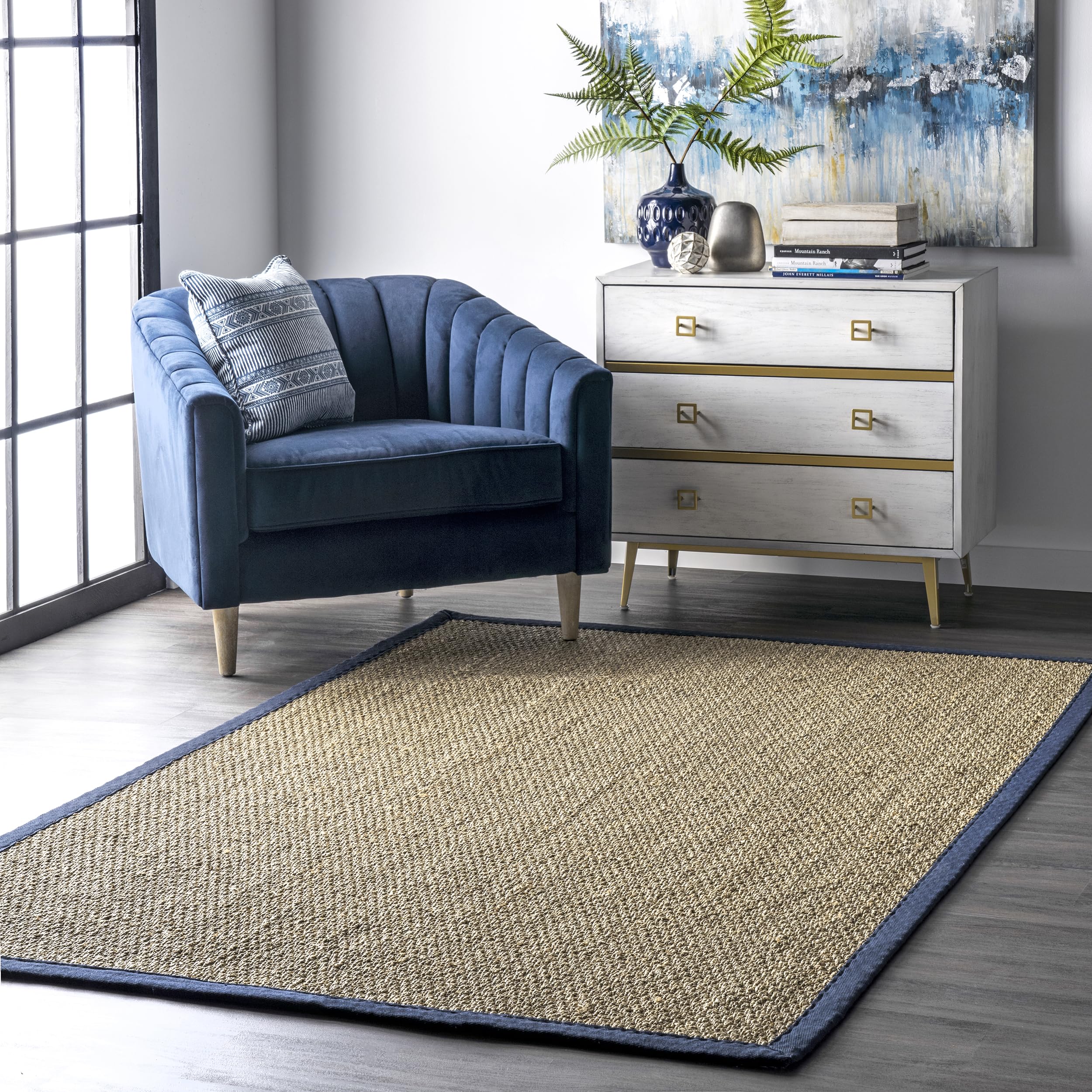 nuLOOM 6x9 Elijah Seagrass Area Rug - Navy Blue Farmhouse Style Basketweave with Cotton Border | Natural Fiber Jute Rug for Bedroom, Living Room, Dining Room, Office | Perfect for Coastal, Boho & Farmhouse Decor