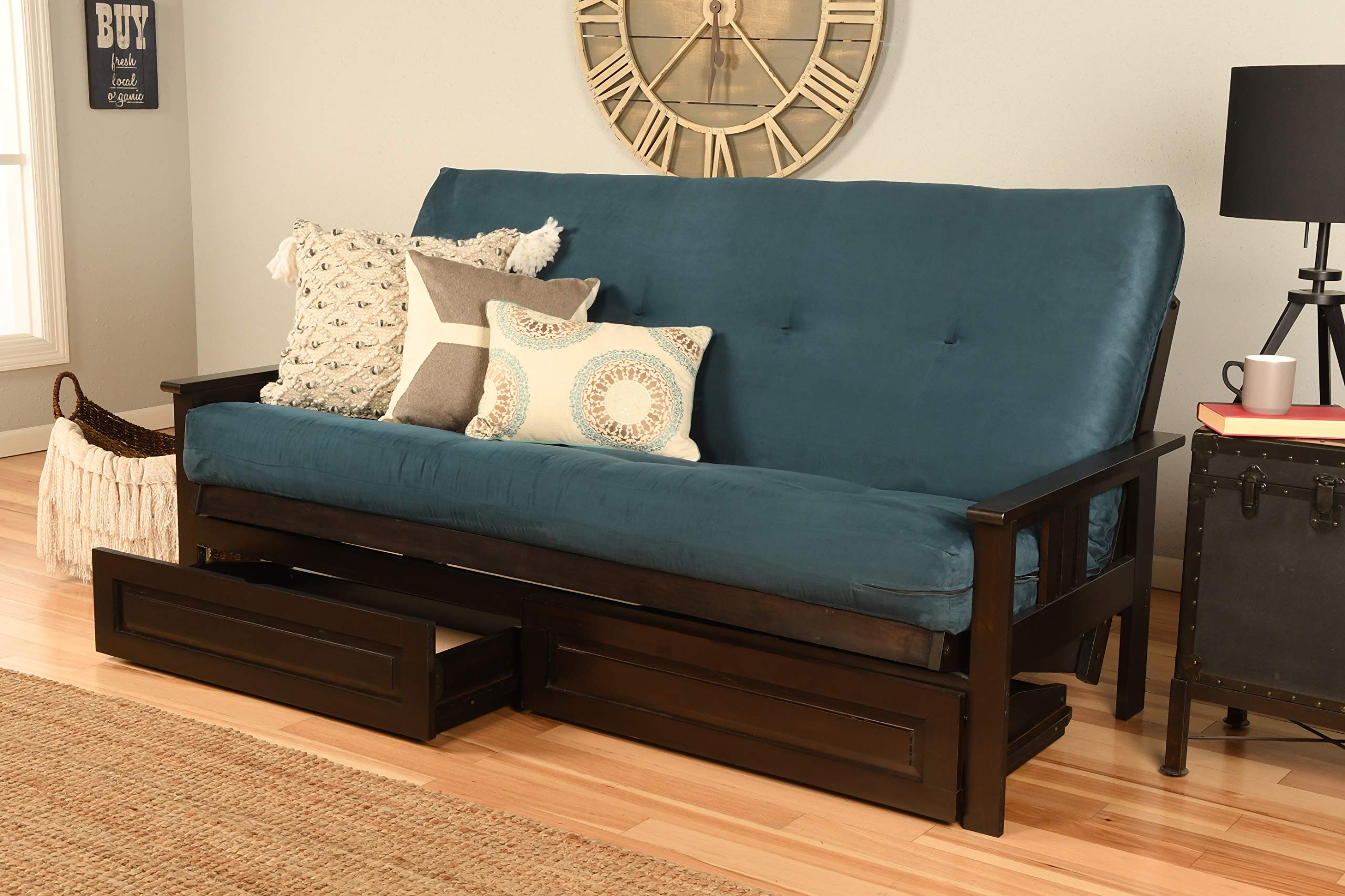 Kodiak Furniture Monterey Futon Set with Storage Drawers - Espresso Wood Base & Navy Blue Suede Mattress | Space-Saving Sleeper Sofa for Small Apartments, Guest Rooms & Dorm Living
