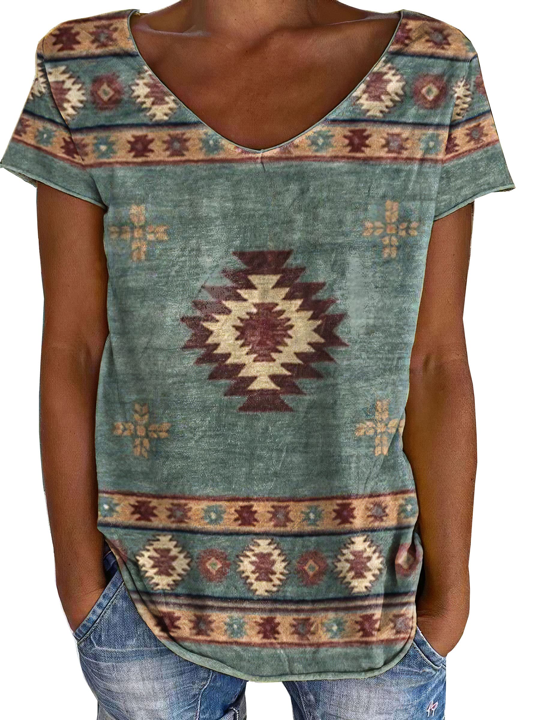 Women's Western Ethnic Style Geometric Rhombus Printed T-Shirt | Oversized Crewneck Casual Summer Tee | Perfect for Boho Outfits, Music Festivals & Everyday Wear