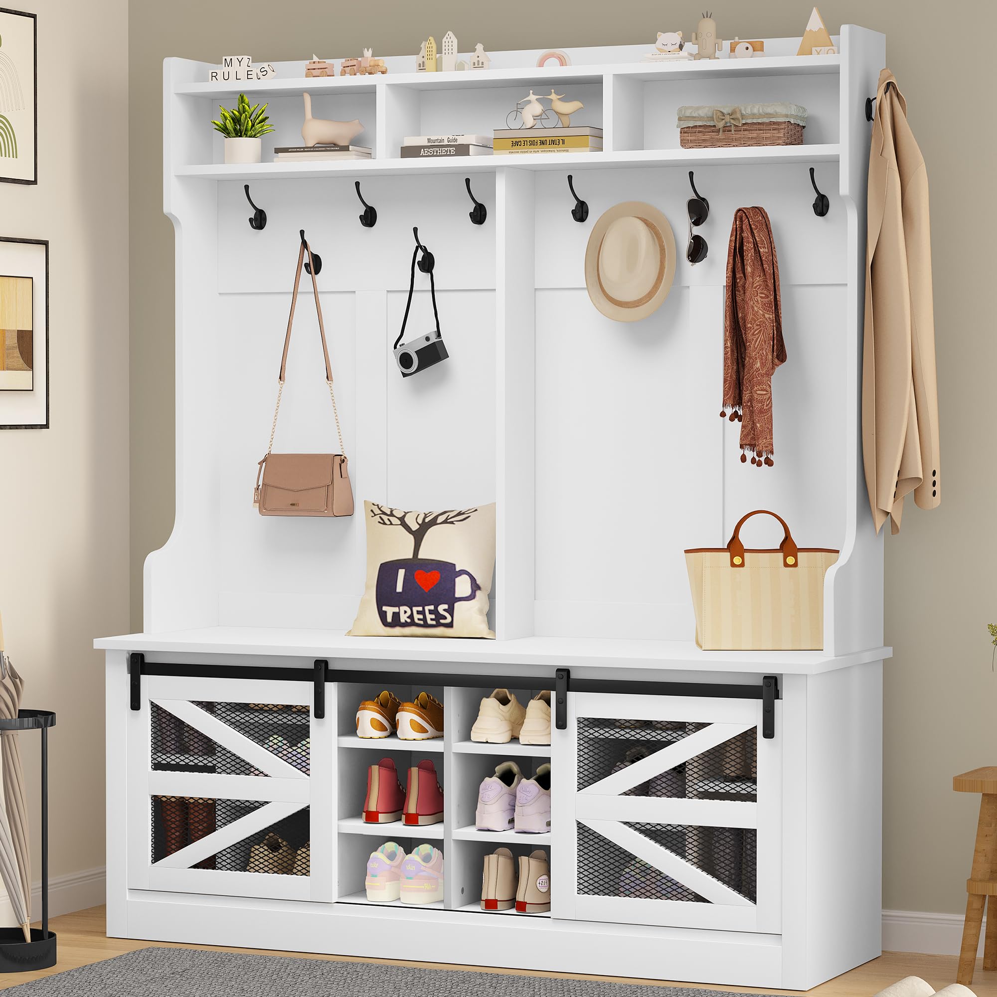 Farmhouse Entryway Hall Tree with Shoe Storage & Coat Rack - Freestanding Bench with 16 Shoe Cubbies & 12 Hooks - White Sliding Barn Door Organizer for Entryway, Mudroom, or Hallway - Perfect for Storing Shoes, Coats, and Accessories