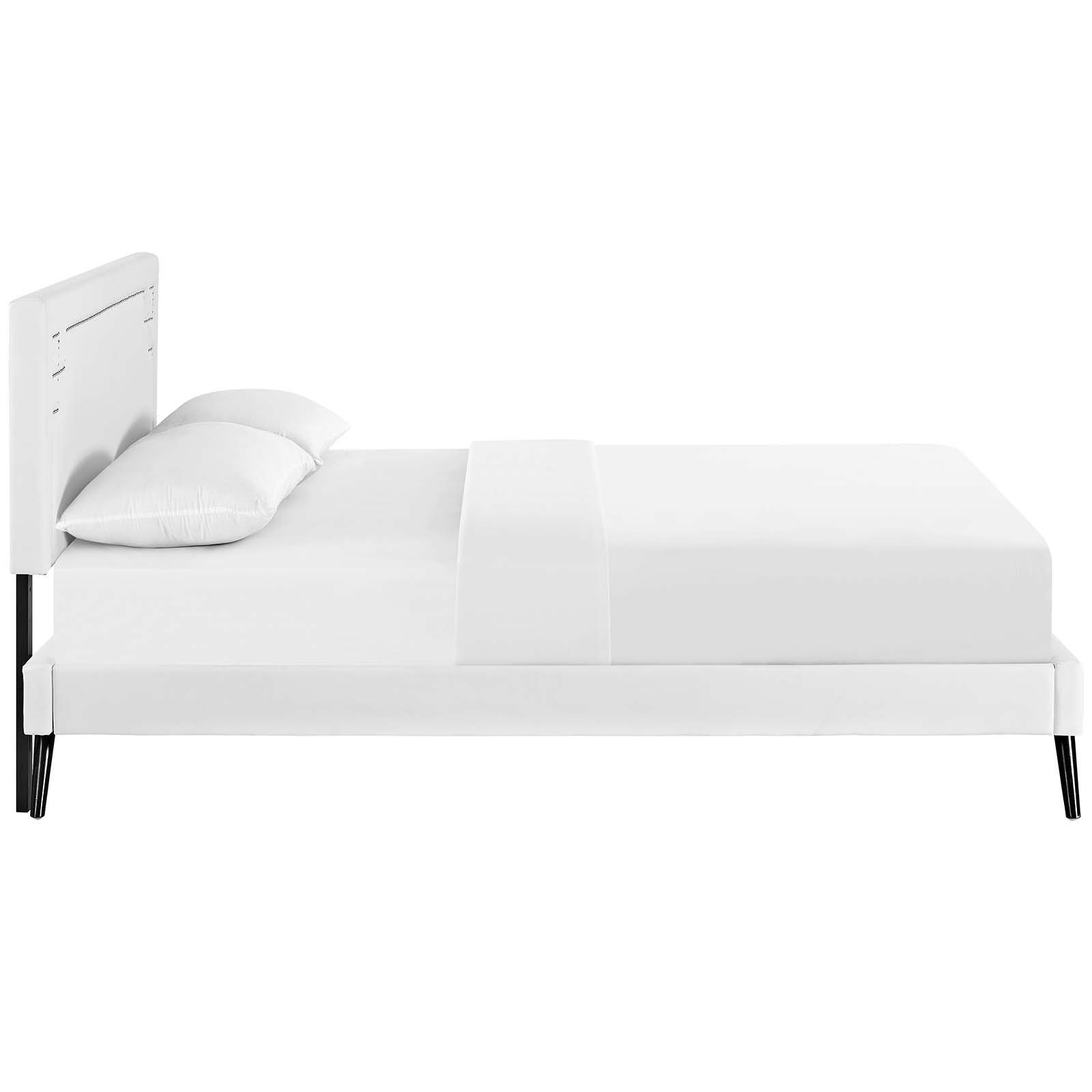Modway Ruthie White Faux Leather Upholstered Full Size Platform Bed Frame with Splayed Legs - Modern Bedroom Furniture for Small Spaces & Guest Rooms
