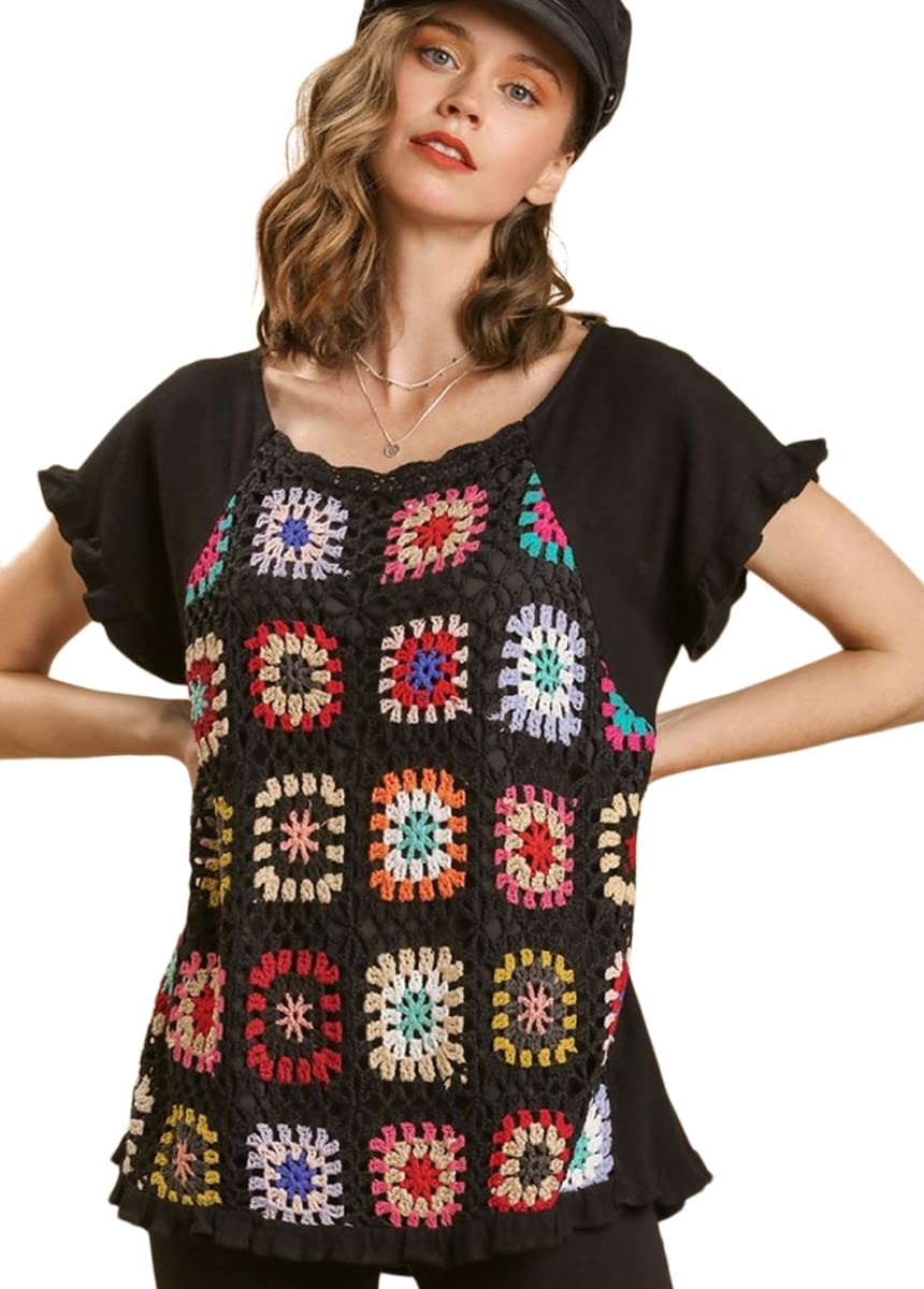 Umgee USA Crochet Ruffle Top for Women - Elegant Black Lace Blouse | Perfect for Summer Outfits, Beach Vacations & Boho Fashion