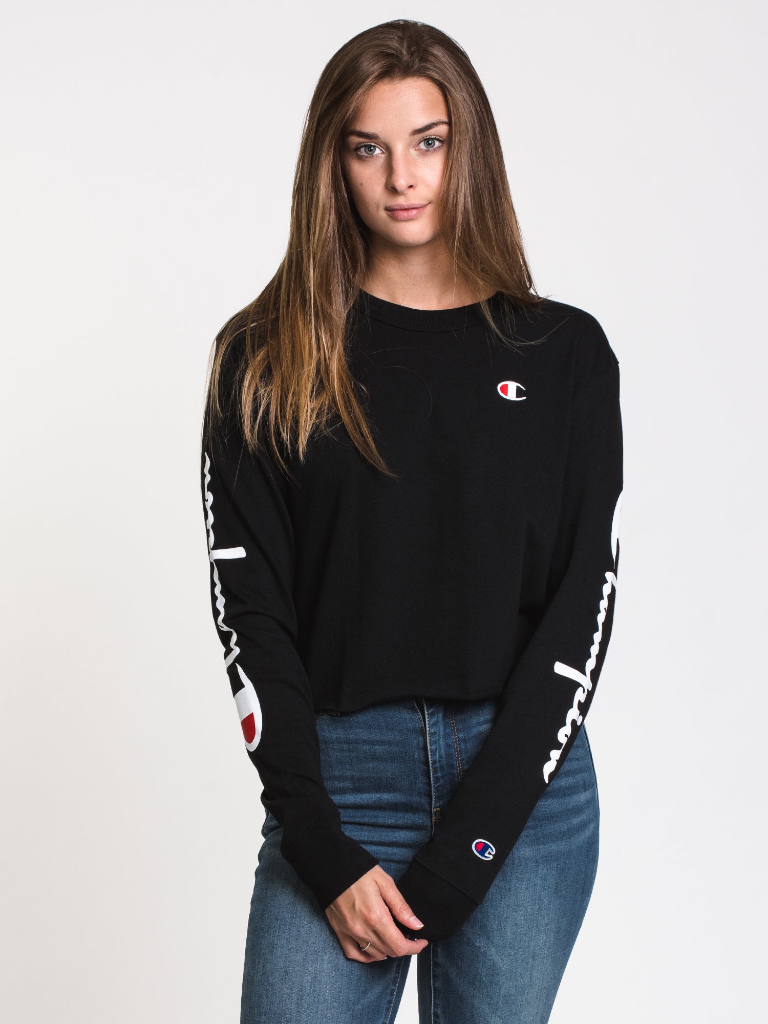 Champion Cropped Long Sleeve Boyfriend T-Shirt for Women - Soft Cotton Oversized Fit - Casual Streetwear & Loungewear - Perfect for Everyday Wear, Gym, and Outings