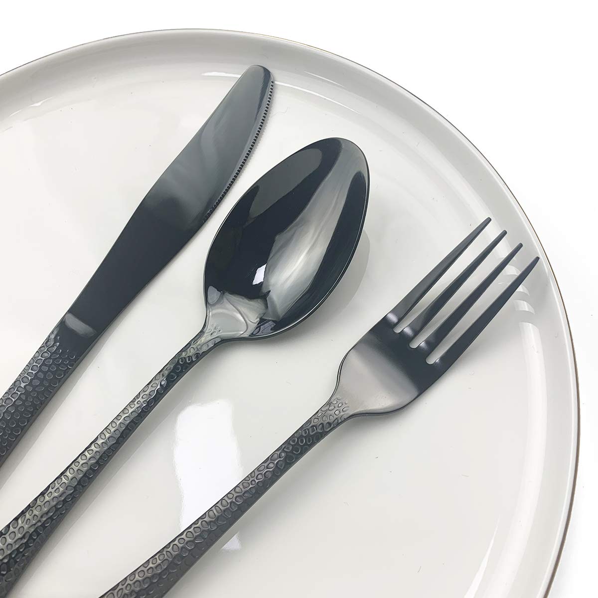 Premium 24-Piece Black Hammered Mirror Polished Flatware Set - Stainless Steel Silverware Cutlery Set for 6, Elegant Dining Utensils for Home Kitchen, Wedding Registry & Housewarming Gifts (Shiny Black) - Perfect for Formal Dinners, Holiday Entertaining & Special Occasions