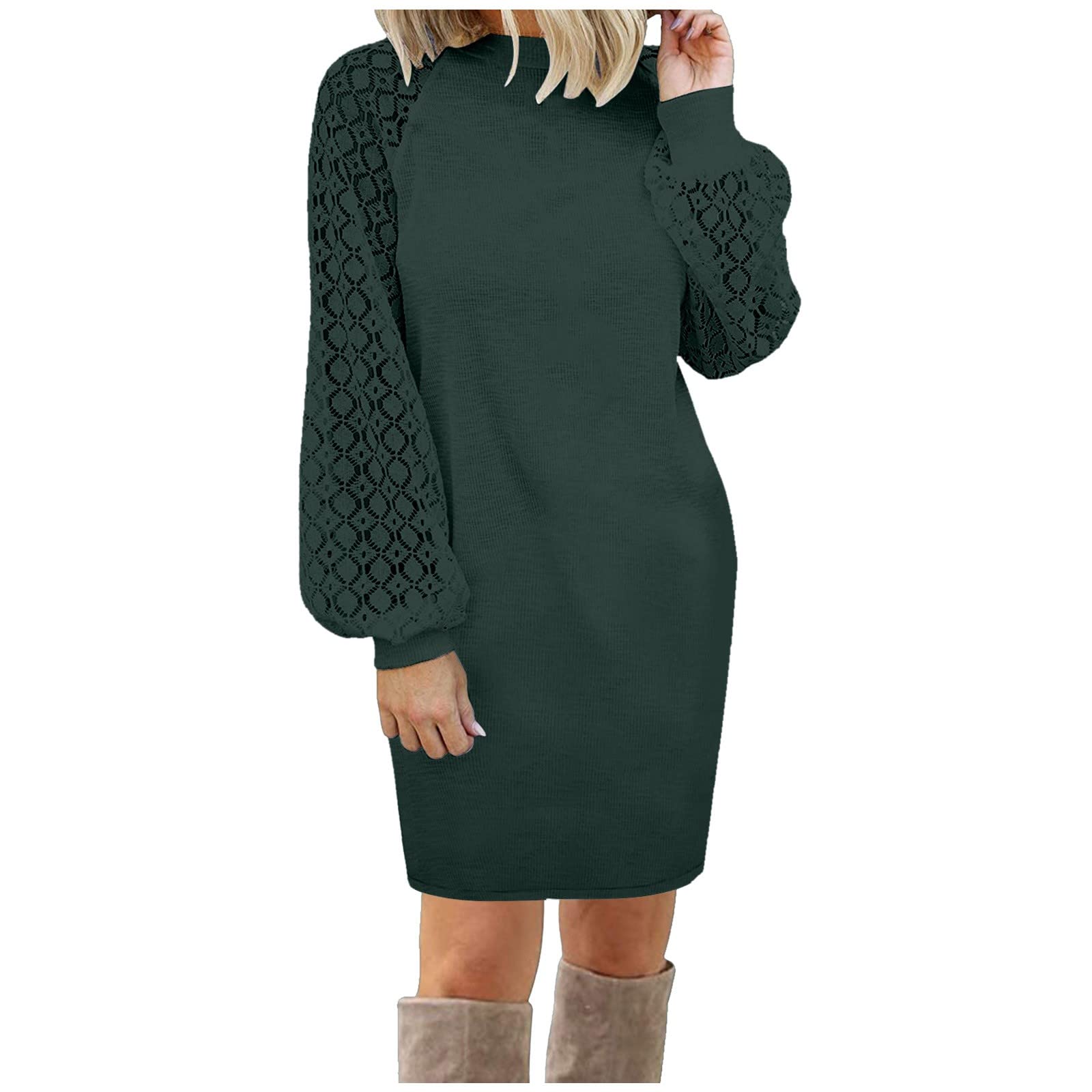 Elegant Women's Long Sleeve Lace Stitched Chiffon Dress - Casual Loose Fit Solid White Knit Skirt for Party, Wedding & Office Wear