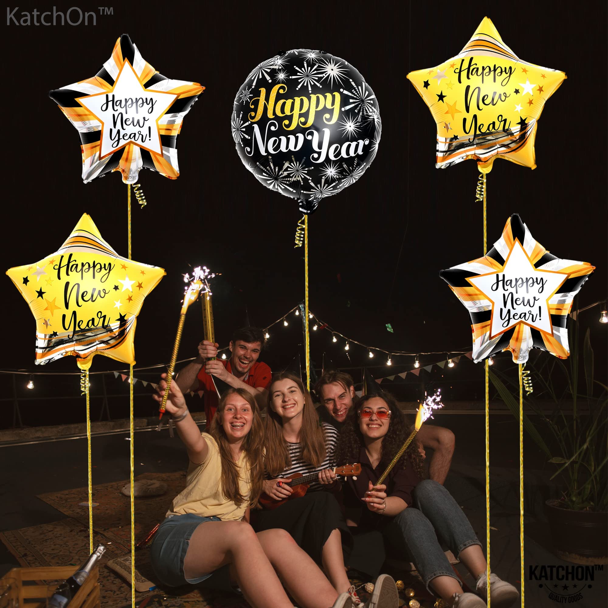 KatchOn Happy New Year Balloons Set - 5 Pack | Shiny 2025 NYE Party Balloons, New Year's Eve Decorations | Foil Balloons for 2025 Celebrations | Perfect for Home, Office & New Year's Eve Party Decorations
