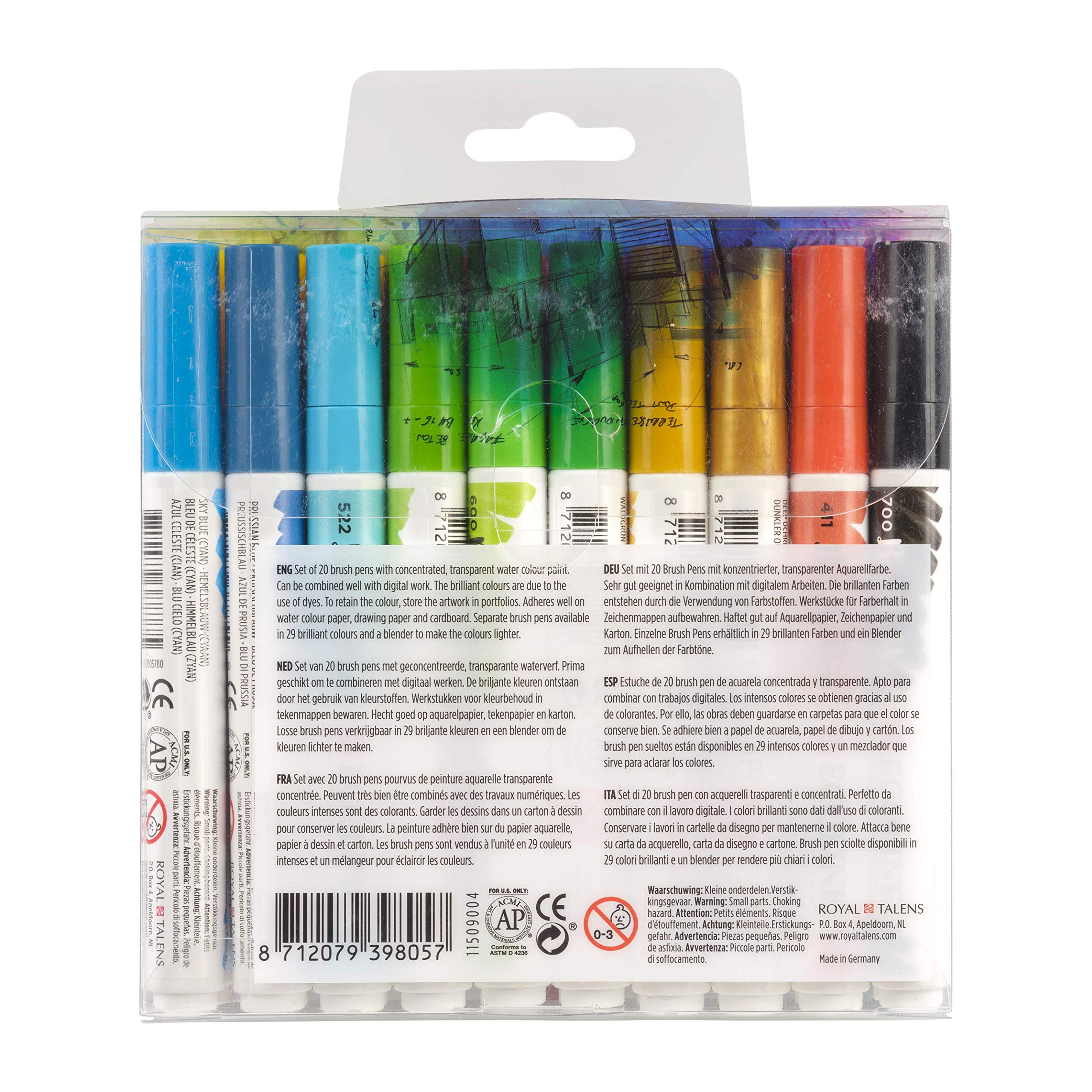 Royal Talens Ecoline Liquid Watercolor Brush Pen Set - 20 Vibrant Colors (11509004) for Artists, Calligraphy & DIY Craft Projects