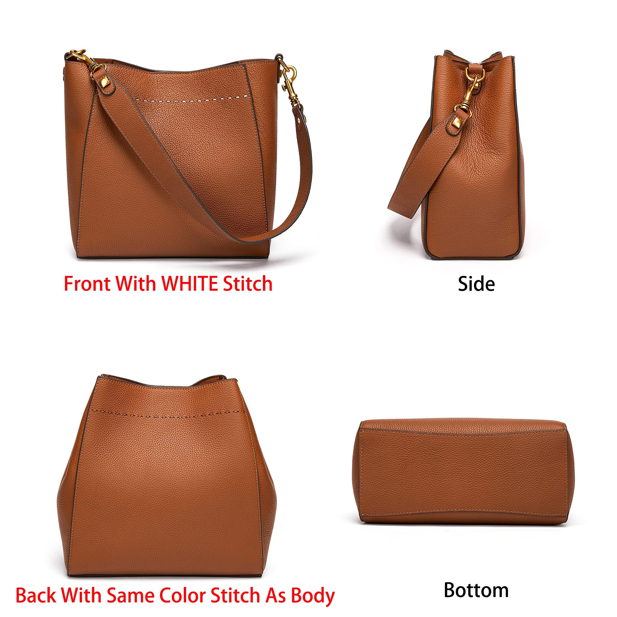DORIS&JACKY Genuine Leather Bucket Tote Bag for Women - Stylish Designer Shoulder Hobo Purse with Detachable Wide Strap - Perfect for Work, Travel & Everyday Use