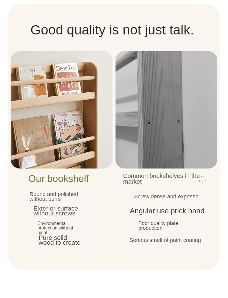 Popar Solid Wood Wall Mounted Bookshelf - Kids Book Storage Organizer for Nursery, Playroom & Classroom - Perfect for Children's Books, Toys & Decor