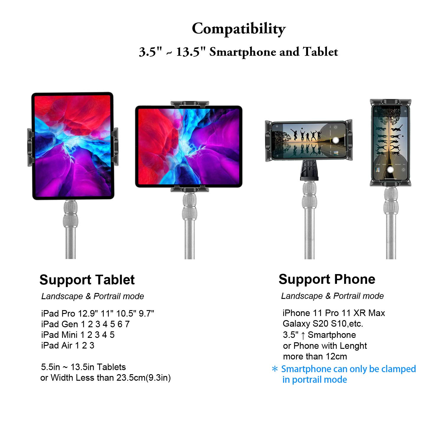 Universal 360° Rotatable Tablet Tripod Mount Adapter - Compatible with iPad Pro 12.9/11/10.5, iPad Air/Mini, Surface Pro, Galaxy Tab & 3.5-13.5