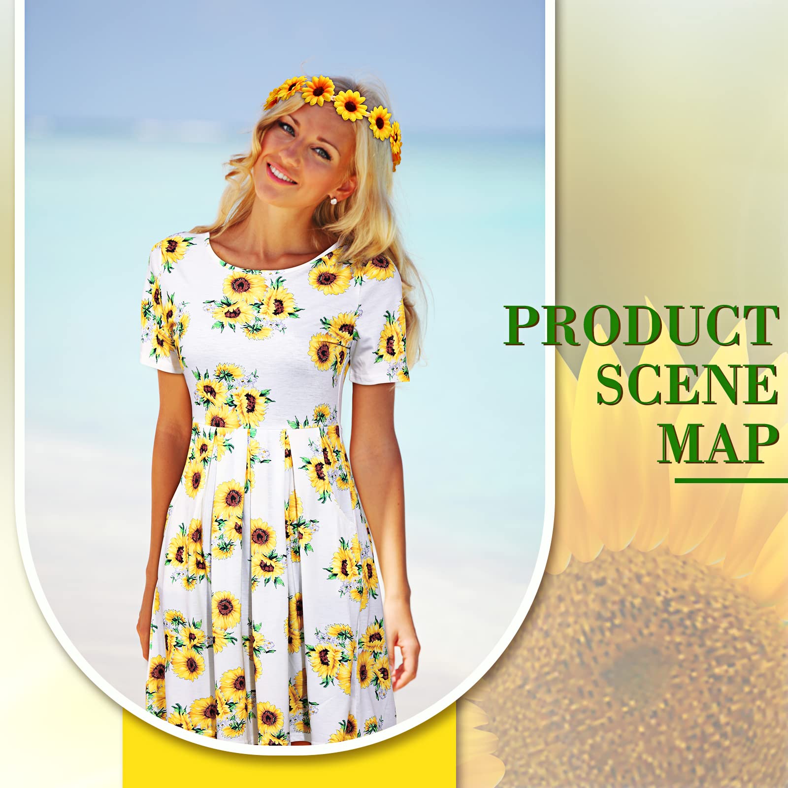 2 Pack Boho Sunflower Dresses for Women & Sunflower Headband - Floral Summer Outfits for Baby Shower, Gender Reveal Party, Beach Vacation and Outdoor Events