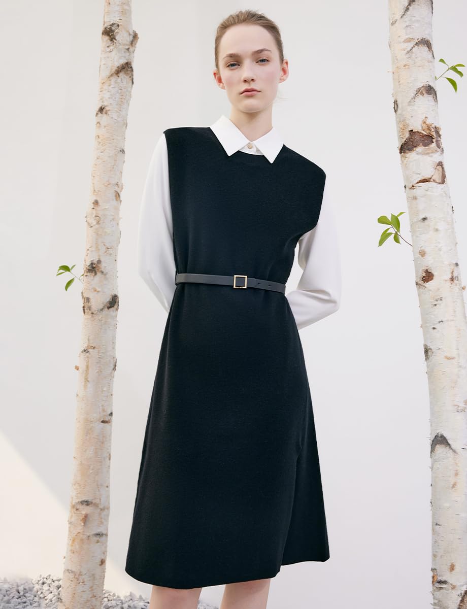 Women's 2-Piece Outfits - Black Sweater Vest Dress & White Shirt Dress Set with Belt | Casual Office Wear & Fall Fashion Outfit for Women