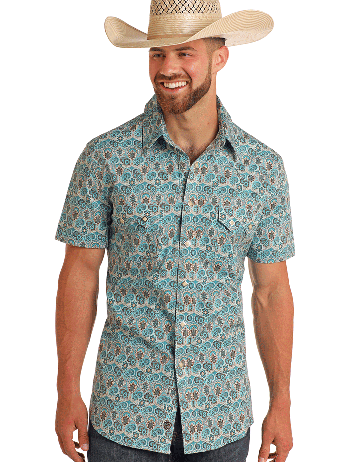Rock & Roll Denim BMN3S05851 Men's Turquoise Paisley Print Short Sleeve Snap Button Shirt for Casual Wear, Music Festivals & Summer Outfits