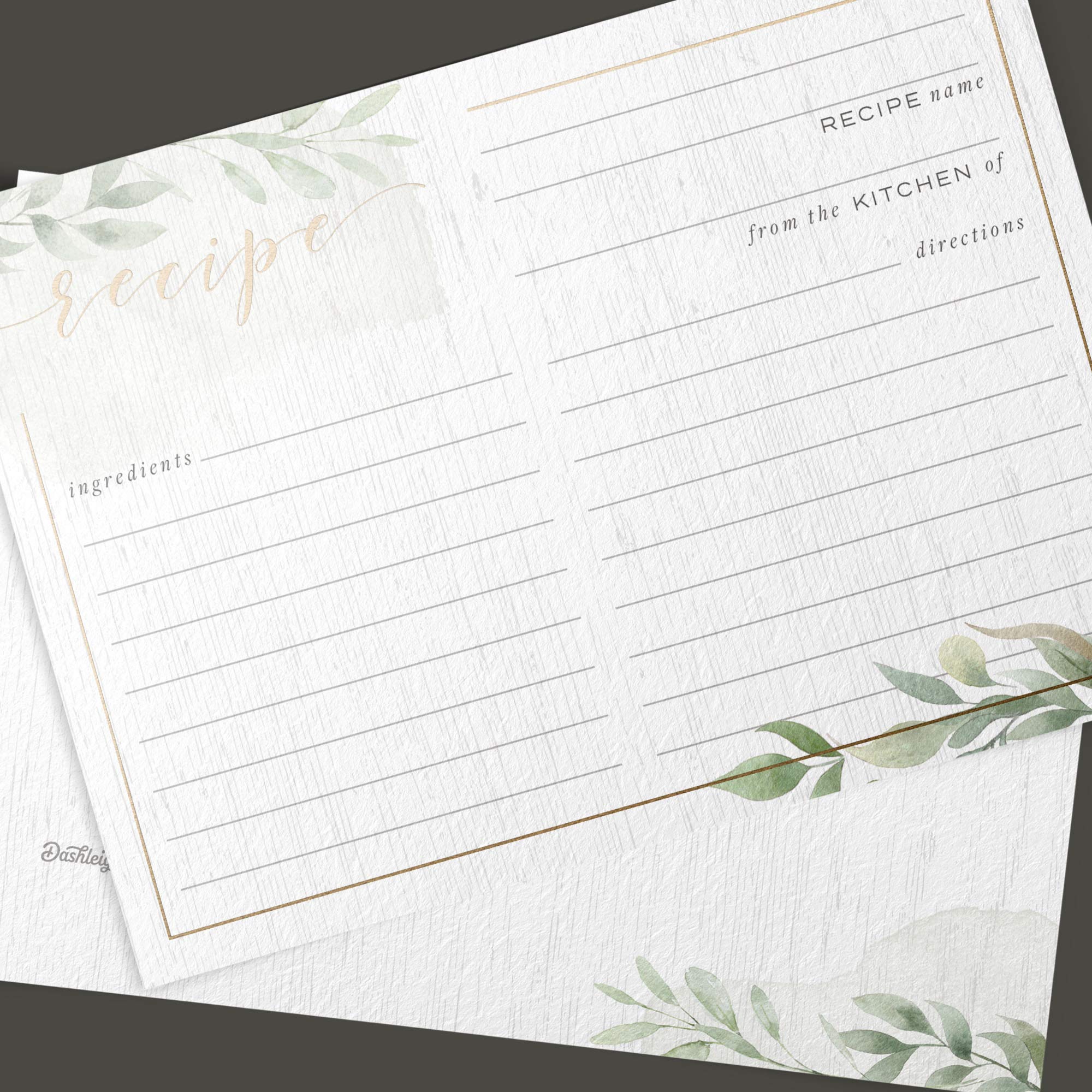 Dashleigh Farmhouse Greenery Recipe Cards Set - 48 Gold Foil 4x6 inch Sage Green & White Recipe Cards for Kitchen Organization | Perfect for Recipe Binders, Meal Planning & Rustic Home Decor