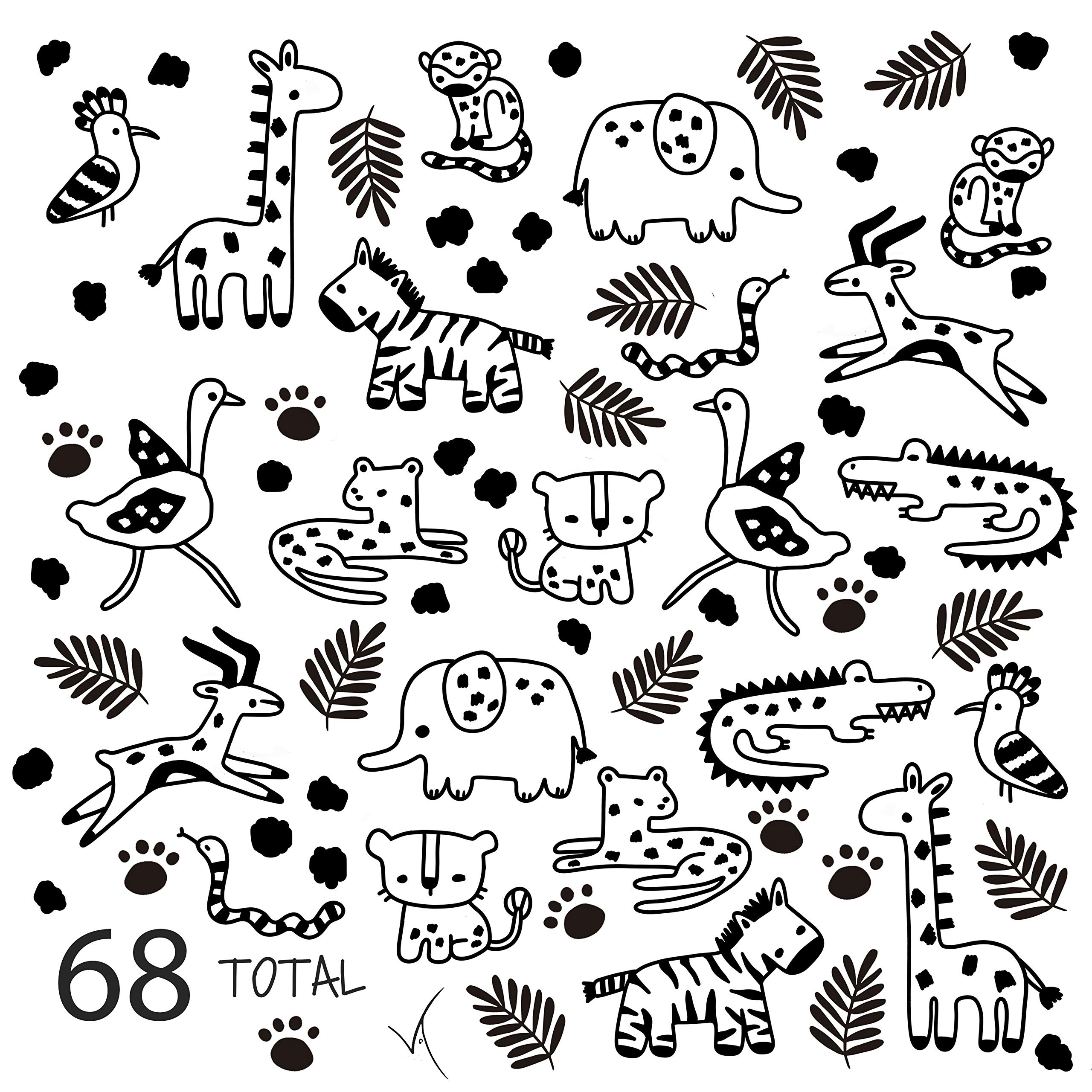 68-Piece Safari Jungle Animals Wall Decals - Peel & Stick Vinyl Wall Stickers for Kids Room, Nursery & Living Room Decor (Black) | Perfect for Baby Bedroom Themes & Playroom Wall Art