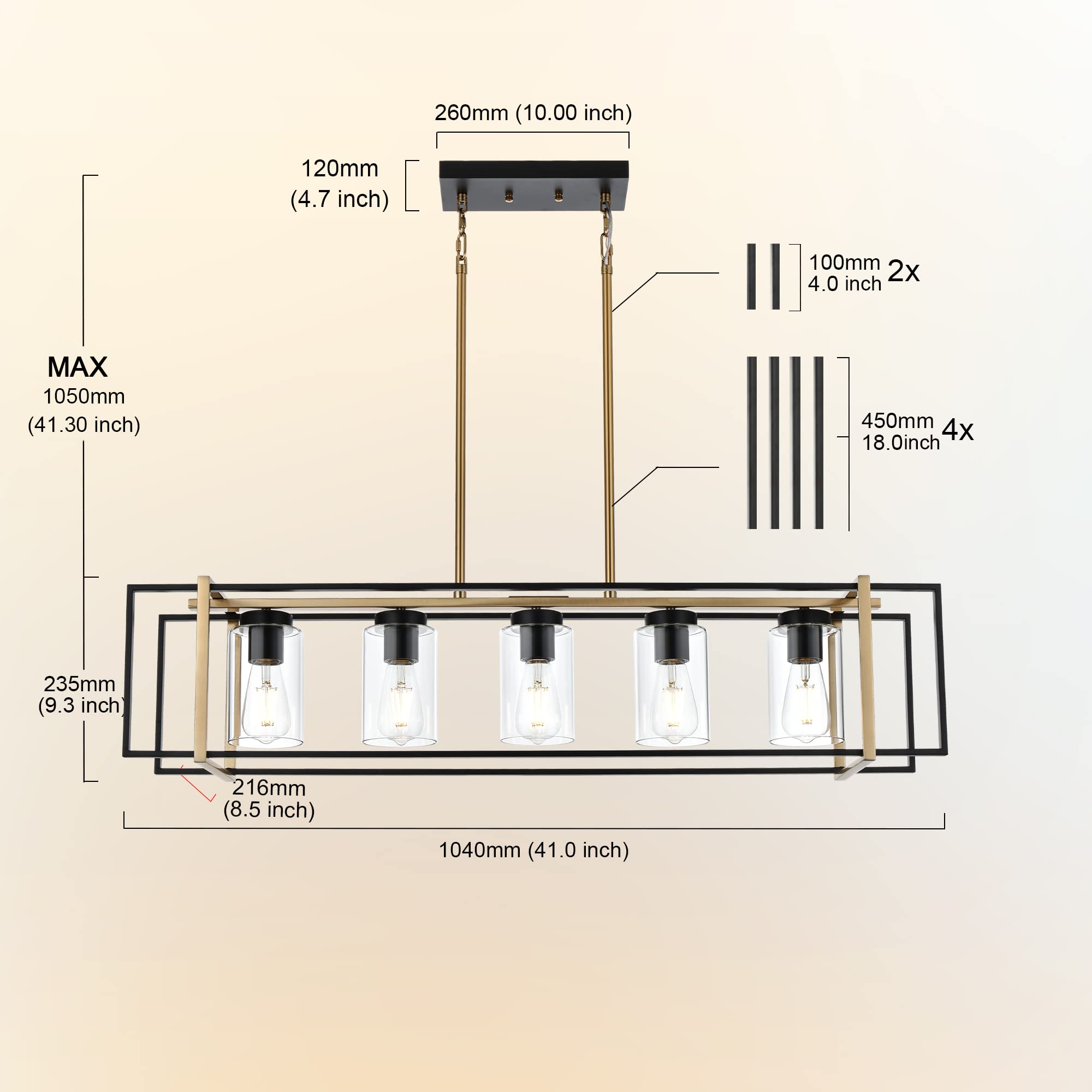 5-Light Farmhouse Chandelier Black Brass Rectangular Pendant Light with Clear Glass Shades - Rustic Island Lighting for Dining Room, Kitchen, Bar & Restaurant Decor