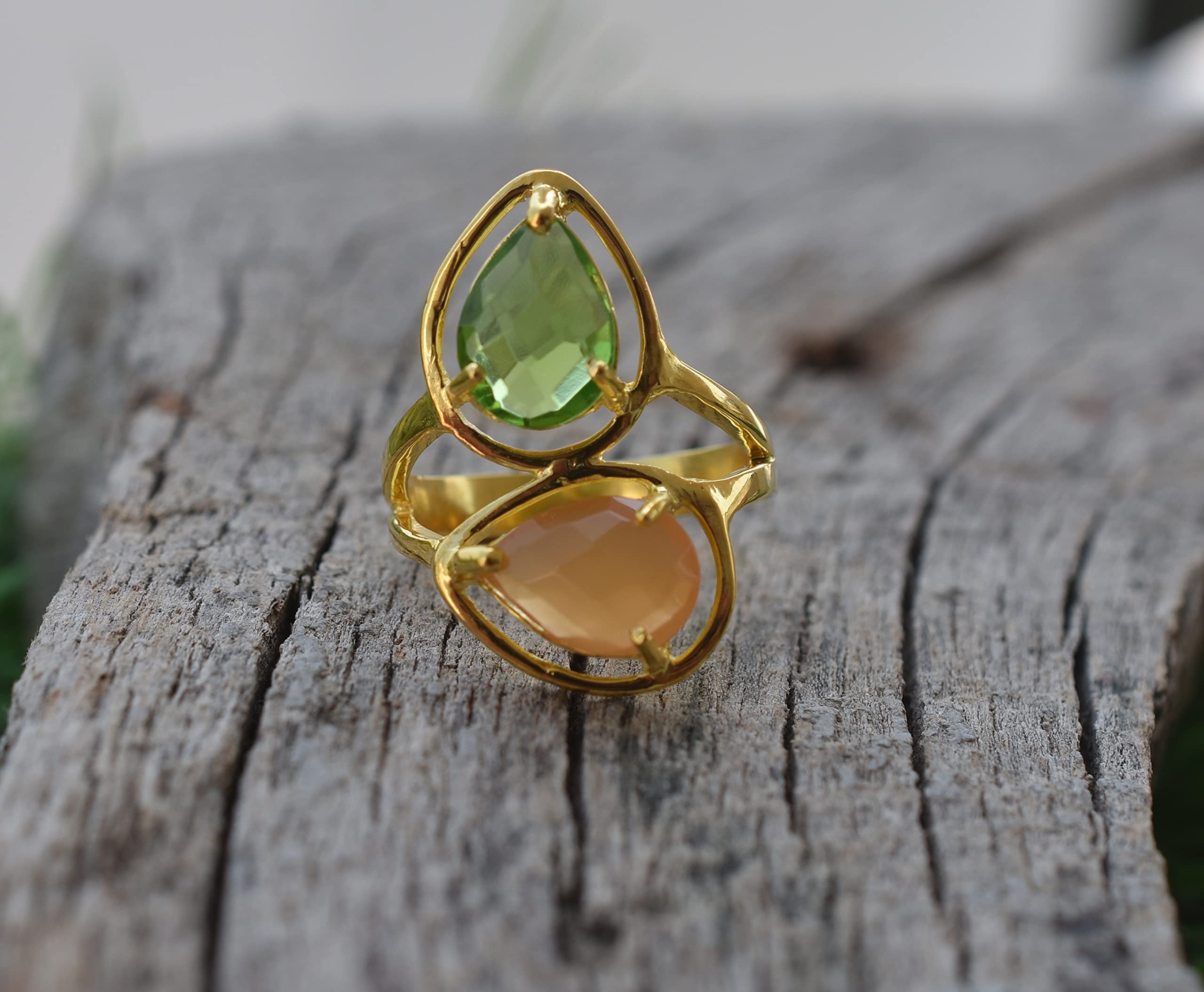 Veracity Jewelry 18K Gold Plated Peridot & Peach Moonstone Ring for Women - Handmade Multi Gemstone Ring - Elegant Gift for Girlfriend, Mother, Wife - Perfect for Weddings, Anniversaries & Special Occasions