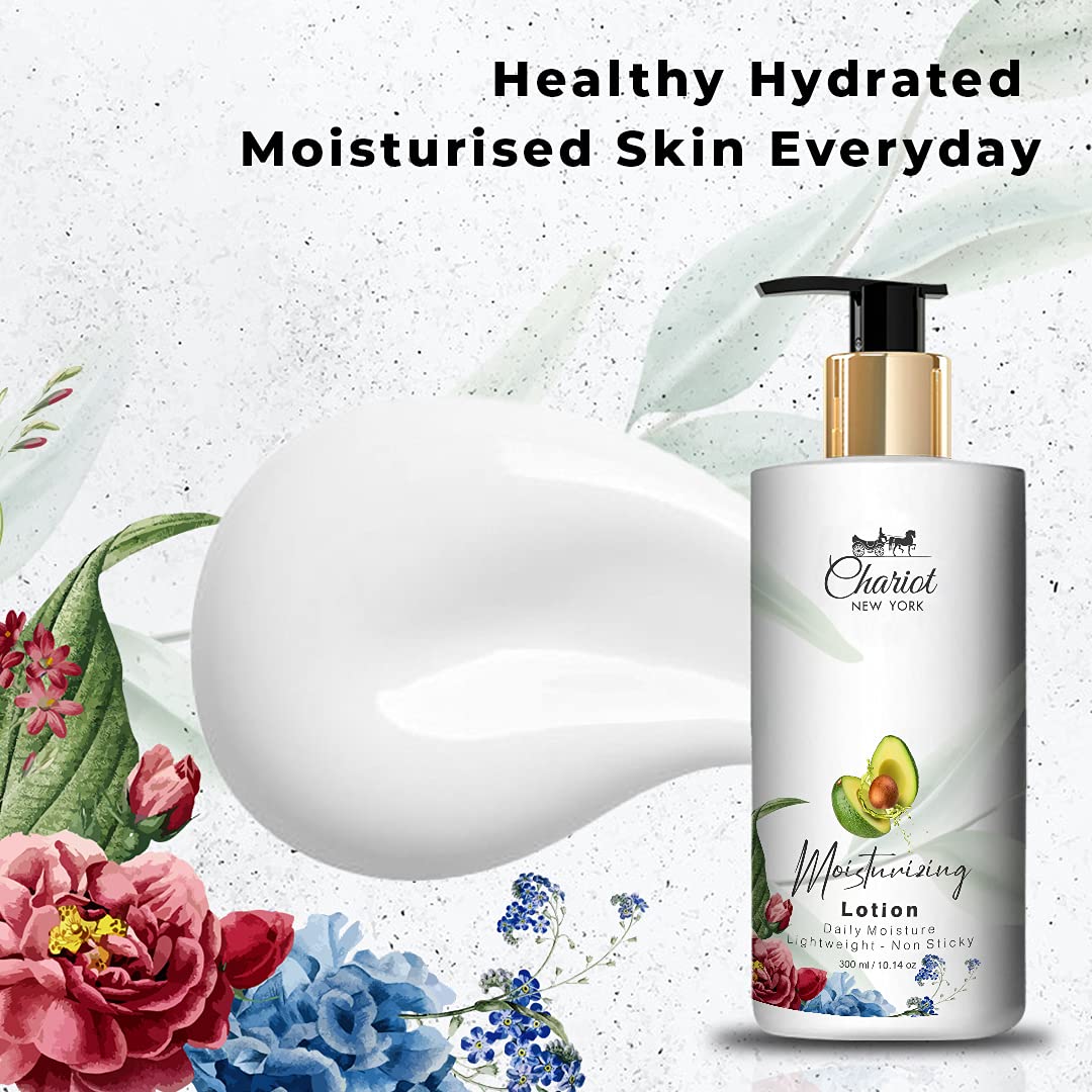 Chariot New York Daily Moisturizing Lotion - Non-Sticky, Avocado Extract, 300ml - Hydrating Body Lotion for Dry Skin, Perfect for Daily Use at Home & Office