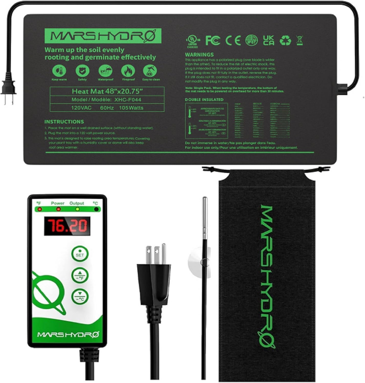 MARS HYDRO 48x20.75 Inch Seedling Heat Mat with Digital Thermostat - Waterproof Plant Warming Pad for Seed Germination, Indoor Plants, Hydroponics & Greenhouse Gardening - Perfect for Starting Seeds, Cloning & Plant Propagation