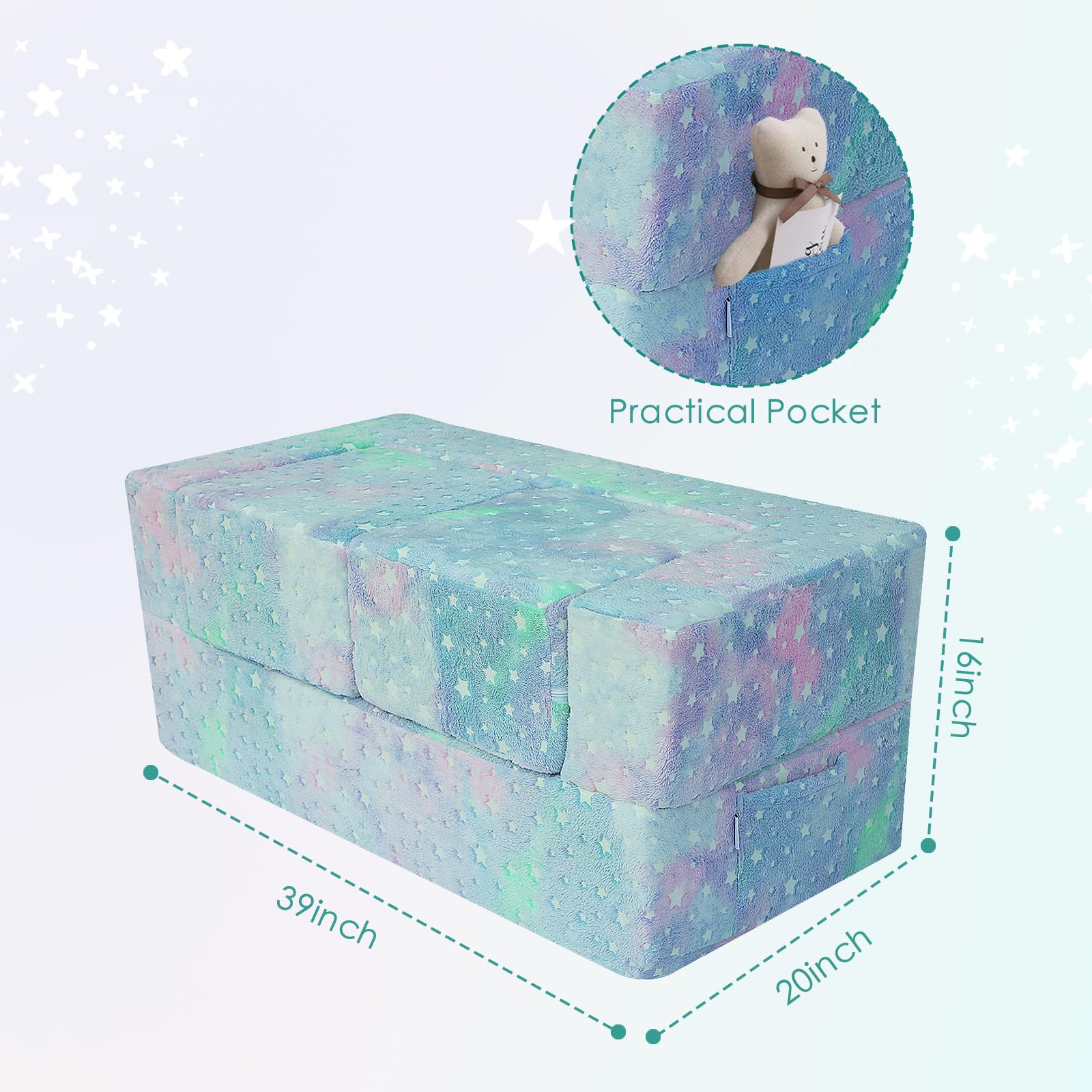 MeMoreCool Kids Play Couch - Glow in The Dark Stars Toddler Sofa | Foldable Modular Furniture for Playroom & Bedroom | Perfect for Playtime, Nap Time & Sensory Play