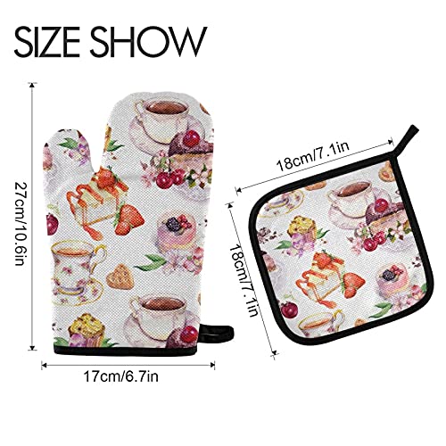 Heat Resistant Oven Mitts and Pot Holder Set - Floral Coffee Cake Design, Strawberry Kitchen Decor for Baking, Grilling & BBQ - Perfect for Summer Tea Parties and Cooking