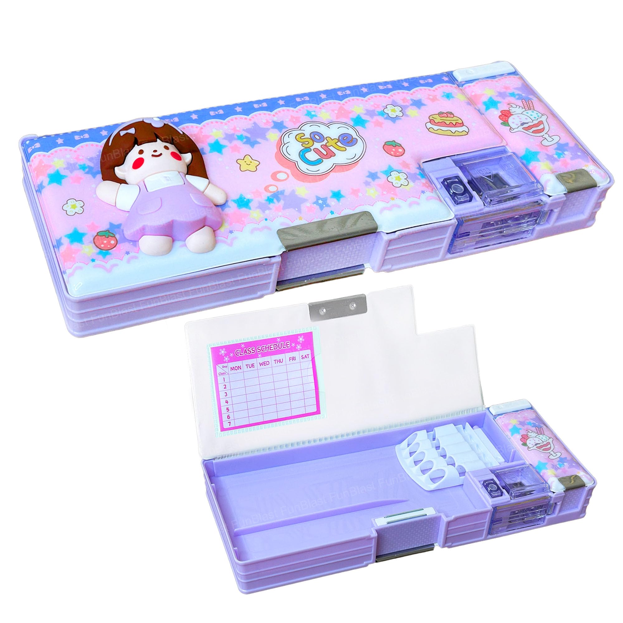 FunBlast Magnetic Pencil Case for Girls - Double Compartment School Supply Organizer with Geometry Tools | Cute Purple Stationery Box for Kids | Perfect for Classroom, Homework & Gift Giving