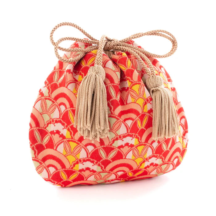 Handmade Nishijin Ori Small Drawstring Rabbit Purse - Red Kyoto Japanese Traditional Craft Bag for Gifts, Cosmetics & Jewelry Storage