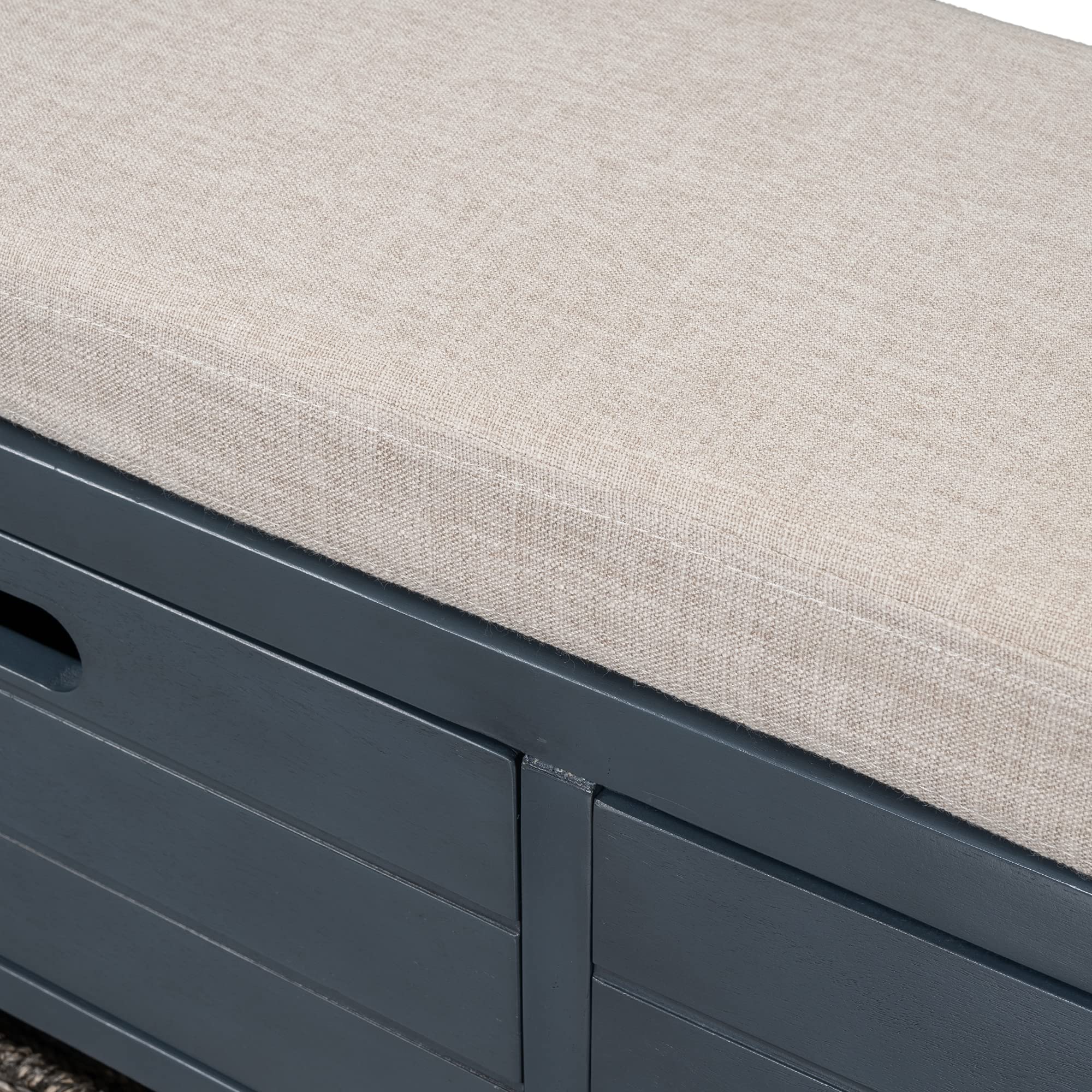 Wooden Storage Bench with 2 Drawers & Removable Wicker Basket - Fully Assembled Entryway Shoe Bench with Cushion for Hallway, Living Room, Bedroom (Navy Blue) | Space-Saving Furniture for Small Apartments & Home Organization