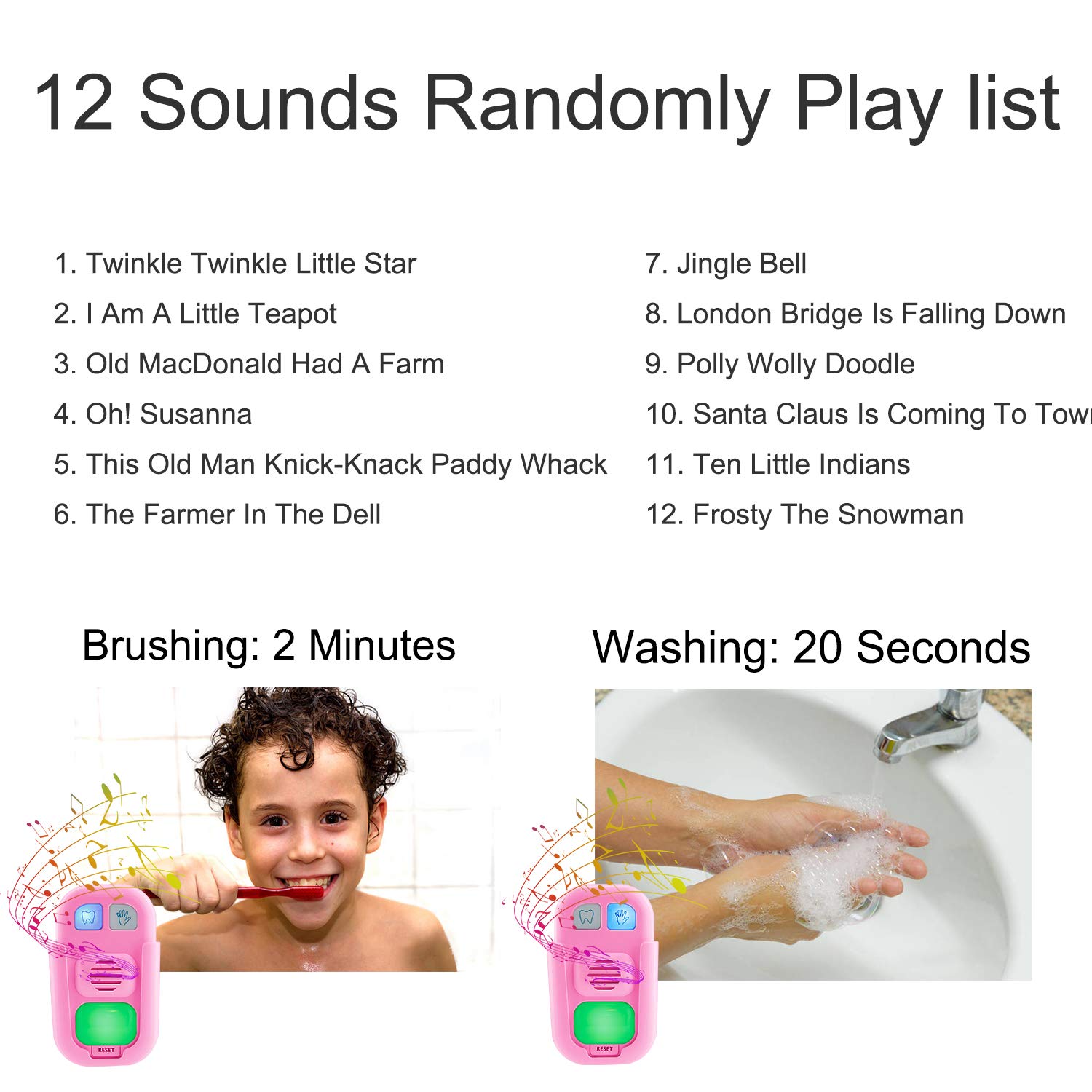 BIGMONAT Kids Hand Washing & Teeth Brushing Timer - Musical Bathroom Training Coach with 12 Songs, Adjustable Volume, Stick-On Design (Pink) - Perfect for Toddler Hygiene Routines & Bathroom Learning