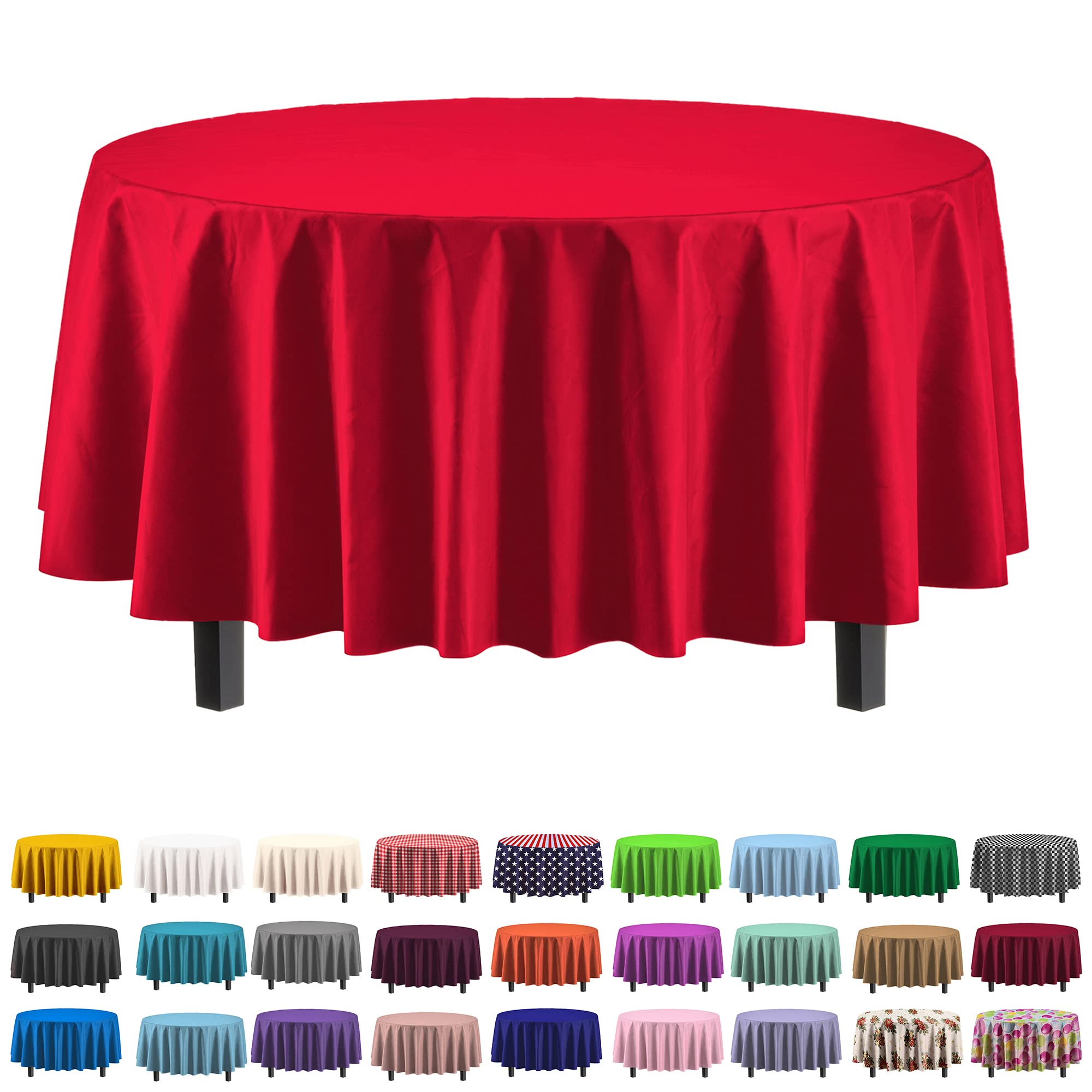 Premium 6-Pack 84 Inch Round Plastic Tablecloth - Durable Washable Red Table Cover for Parties, Picnics & Outdoor Dining