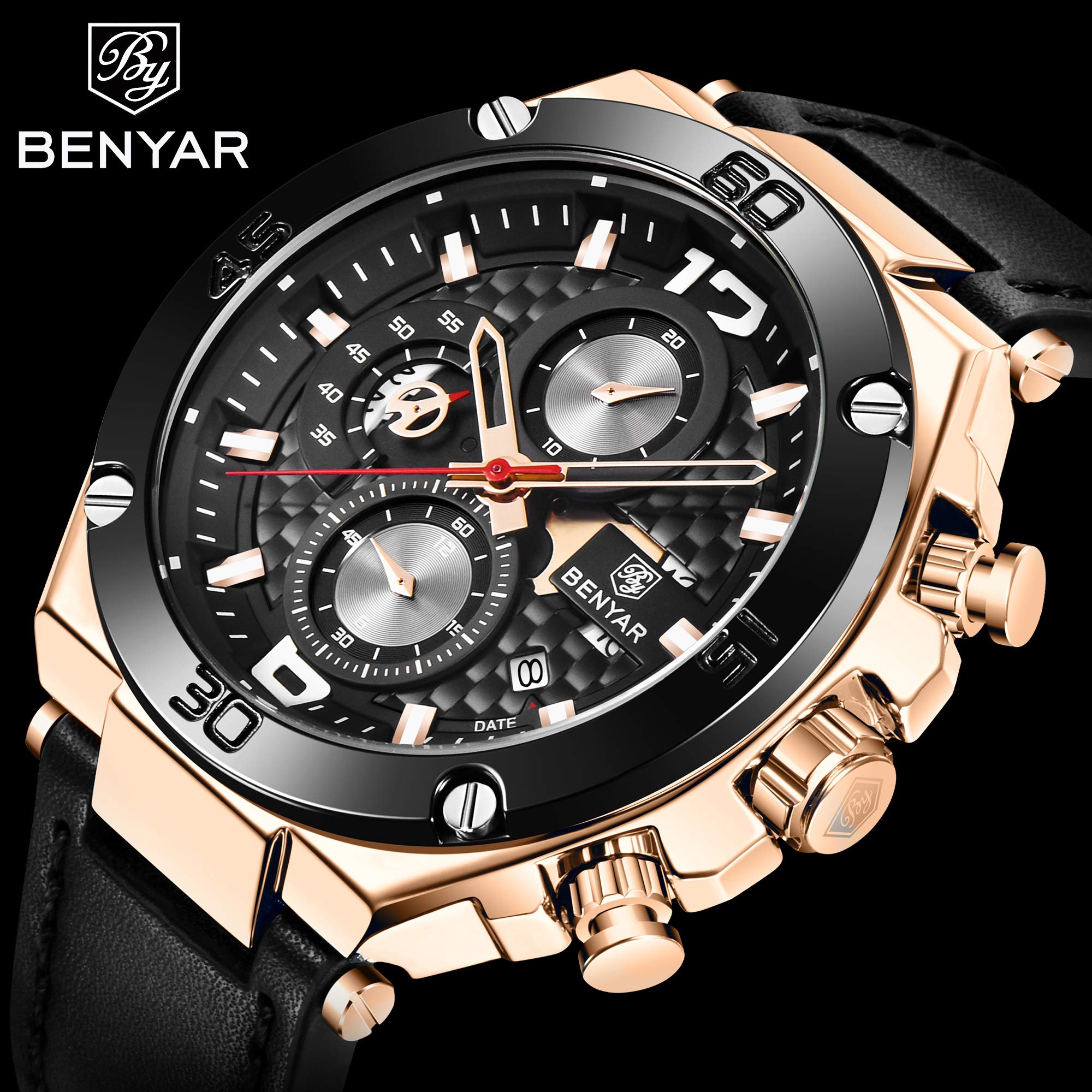 BENYAR Men's Chronograph Date Waterproof Sports Watch - Leather Strap Business Wristwatch for Office, Casual & Outdoor Activities