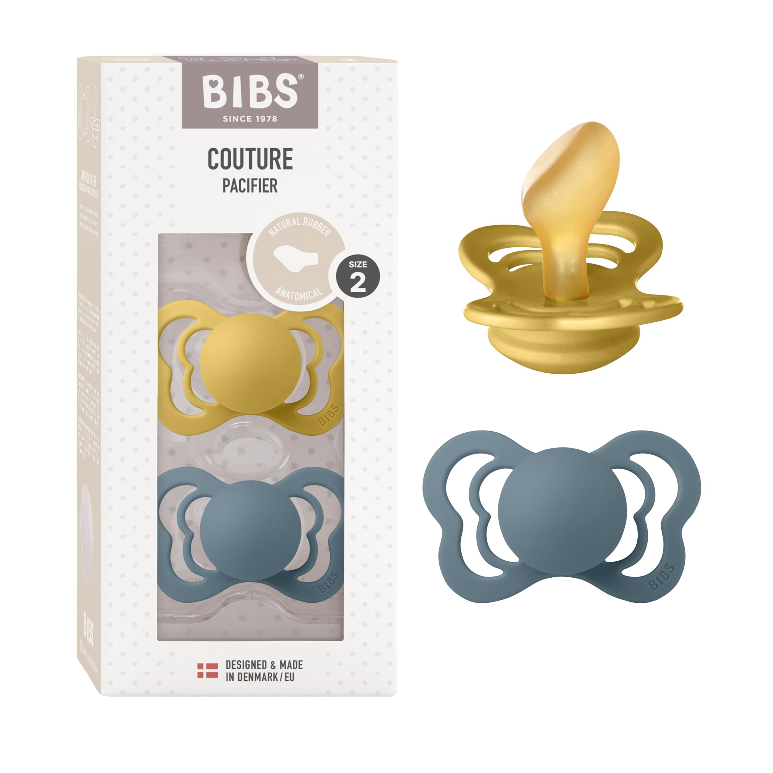 BIBS Couture Baby Pacifier 2-Pack - BPA Free Natural Rubber Latex Soother for Infants 6-18 Months | Made in Denmark | Anatomical Nipple Design in Mustard/Petrol Colors | Perfect for Daycare, Travel & Comforting Fussy Babies