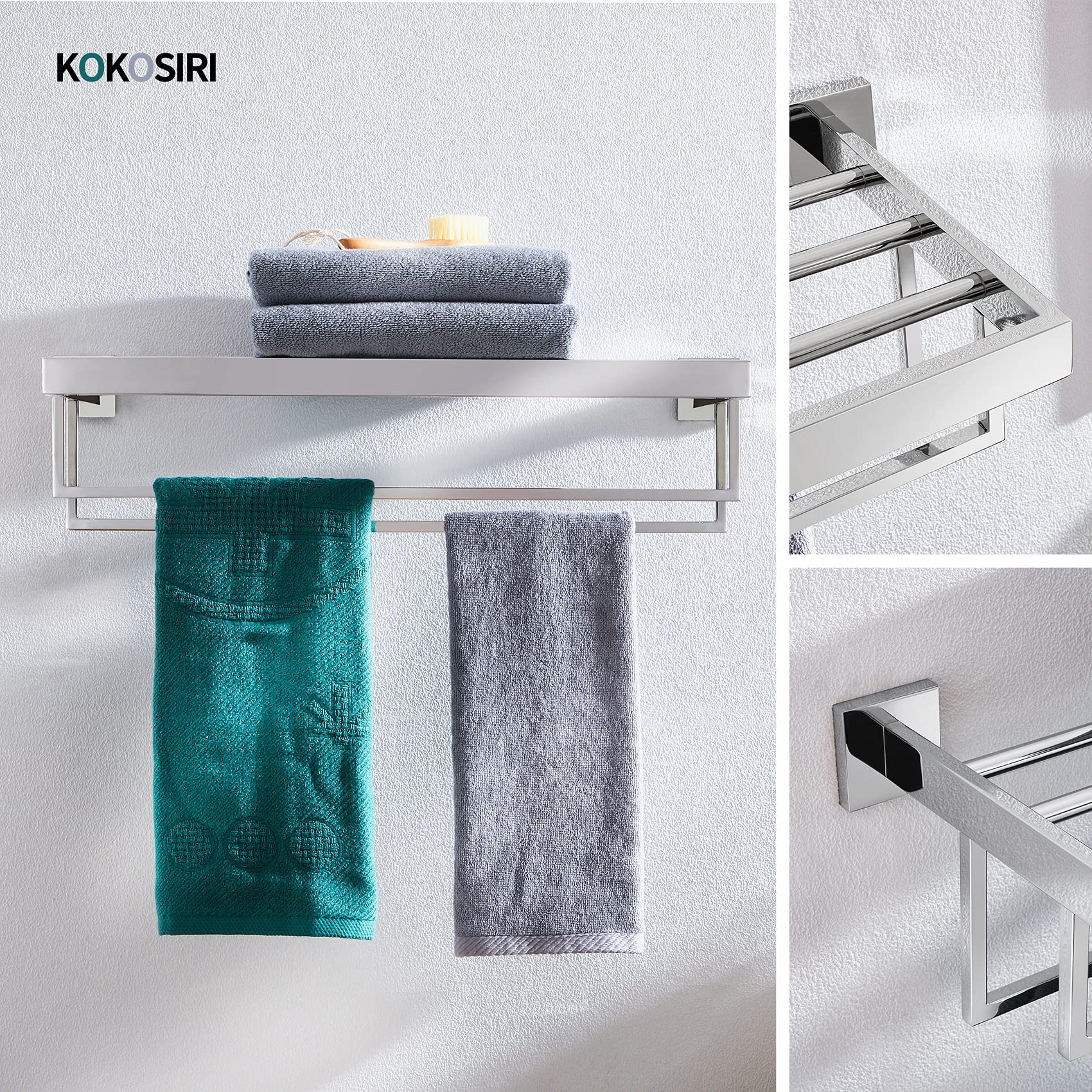 KOKOSIRI 24 Inch Chrome Bathroom Towel Rack - 2 SUS304 Stainless Steel Towel Bars, Wall Mounted with Polished Finish (Model B6003CH) - Perfect for Bathrooms, Spas, and Luxury Home Decor