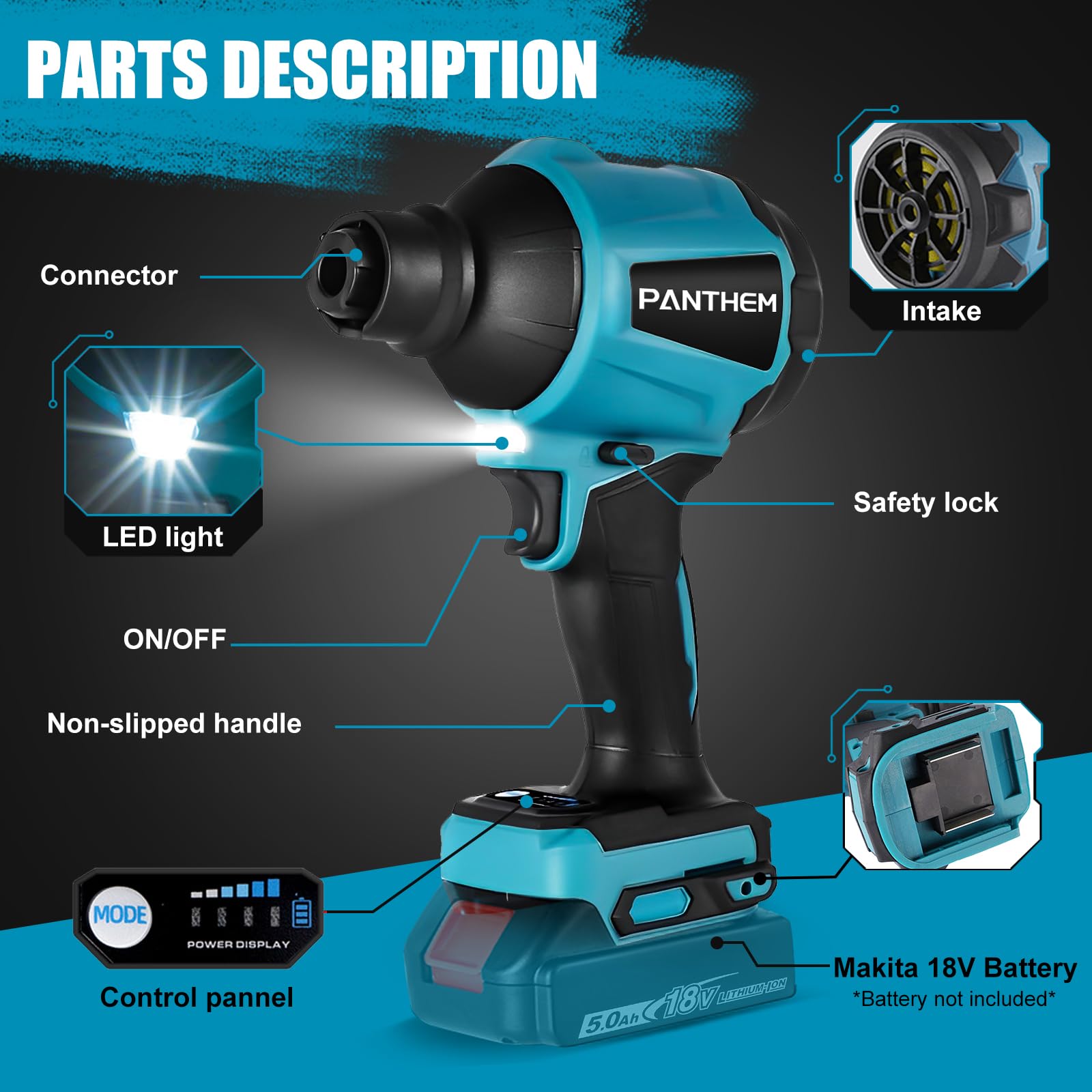 **18V Cordless Leaf Blower - Mini Battery-Powered Blower Compatible with Makita 18V Li-Ion Batteries for Lawn Care, Leaf Blowing, Car Cleaning & Tight Spaces (Battery & Charger Not Included, Blue)**    *Perfect for quick yard cleanup, blowing leaves off driveways, drying cars after washing, and reaching tight corners.*