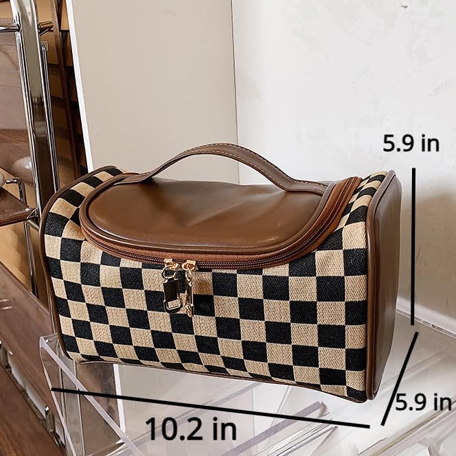 NovEny Stylish Checkered Commuter Cosmetic Bag - Large Capacity Chessboard Pattern Makeup Pouch with Maillard Trim, Fashionable & Functional Travel Organizer (Brown) | Perfect for Daily Commute, Gym, Travel & Makeup Storage
