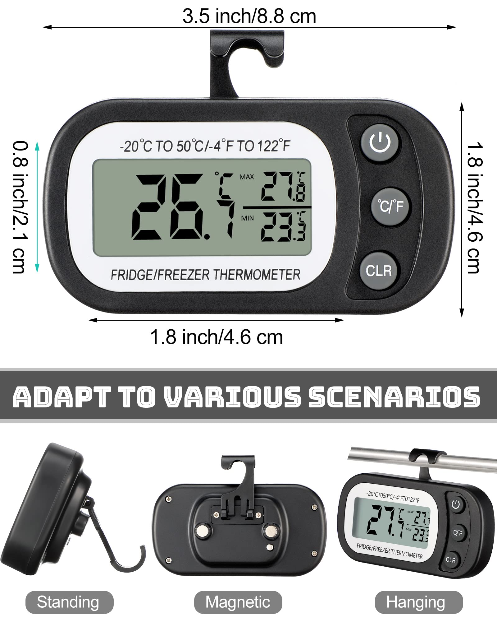 Frienda 12 Pack Digital Fridge Thermometer - Waterproof Refrigerator & Freezer Thermometer with Max/Min Record Function, LCD Screen, Hook & Magnetic Back - Ideal for Home Kitchen, Grocery Stores & Food Safety Monitoring (Black)