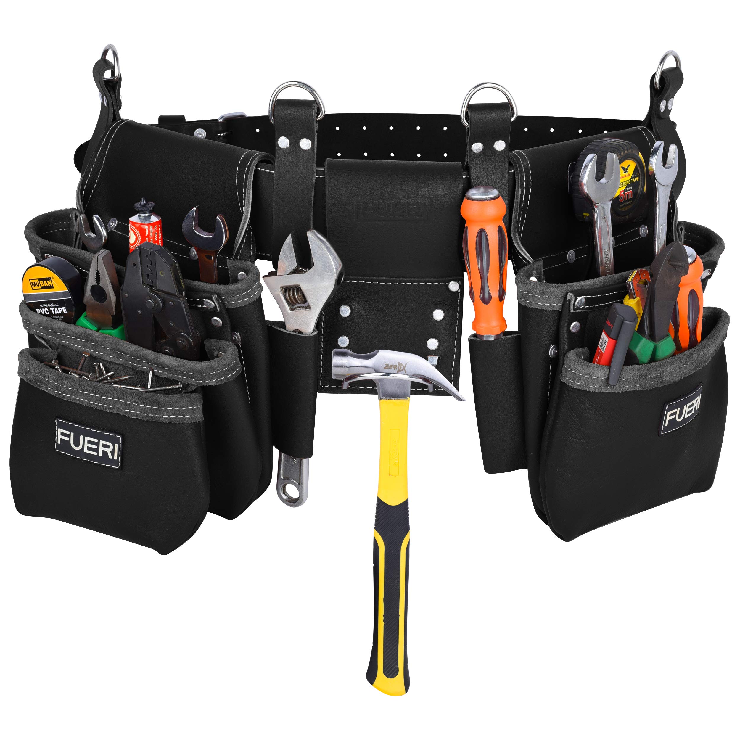 FUERI Heavy Duty Leather Tool Belt Bag for Men & Women - 17 Pocket Carpenter Electrician Construction Pouch Organizer with Belt Holder - Perfect for DIY Projects, Home Repairs & Professional Work