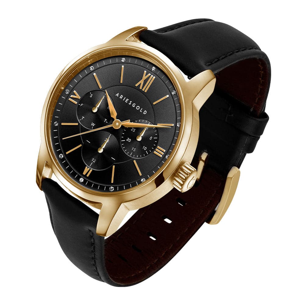 ARIES GOLD URBAN ETERNAL Stainless Steel Women's Watch with Black Leather Strap - Fashion Accessory for Everyday Wear & Special Occasions