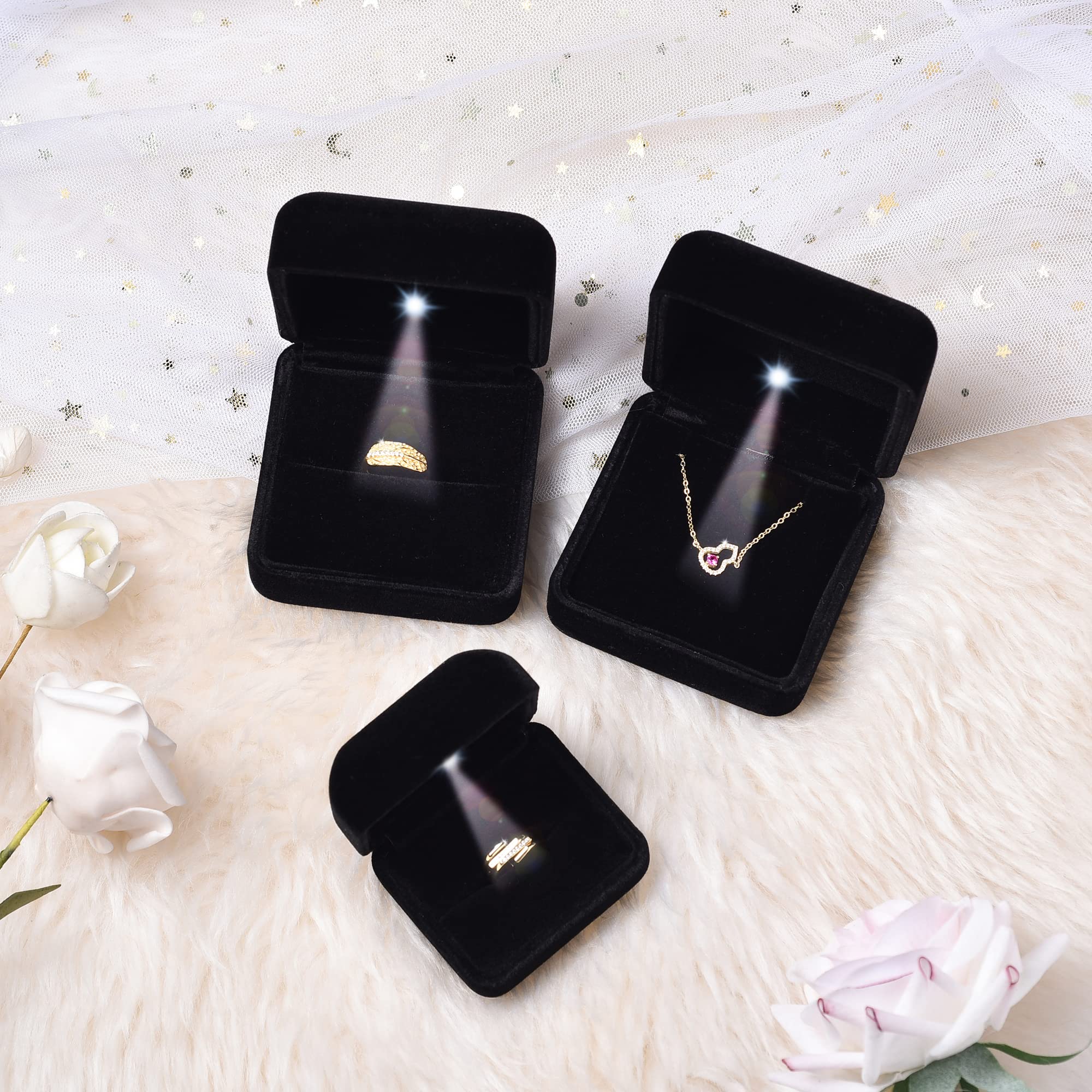 Luxury Velvet LED Jewelry Gift Box for Proposal, Engagement & Wedding Rings - Big Size Glossy Metal Ring Box with Soft Velvet Lining - Perfect for Proposal Surprises, Anniversary Gifts & Bridal Jewelry Storage