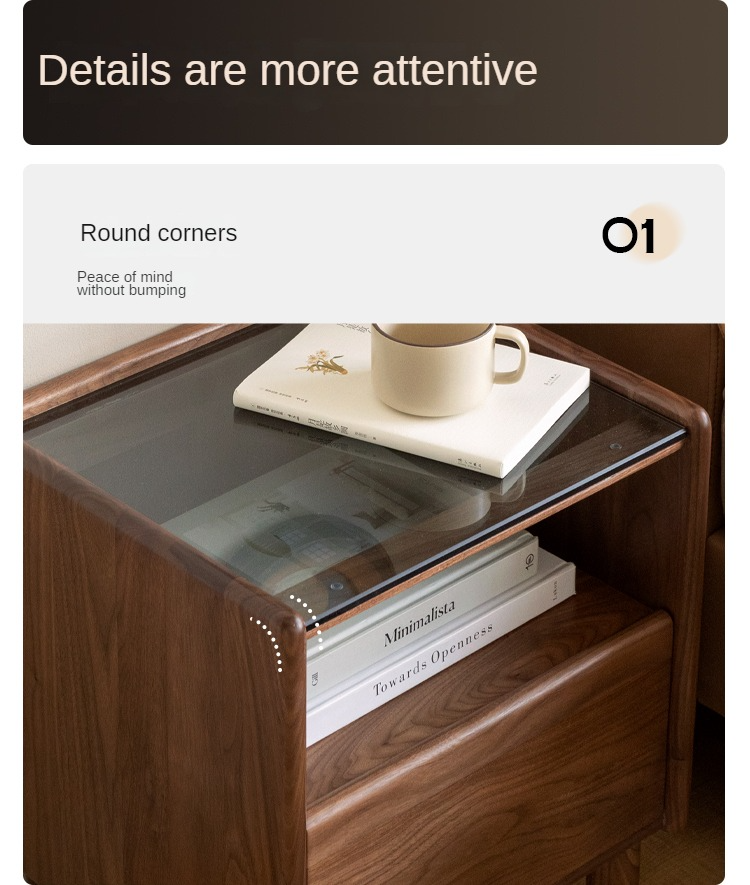 Premium Black Walnut Solid Wood Nightstand with Tempered Glass Top - Modern Bedside Table for Bedroom, Living Room, or Office Use
