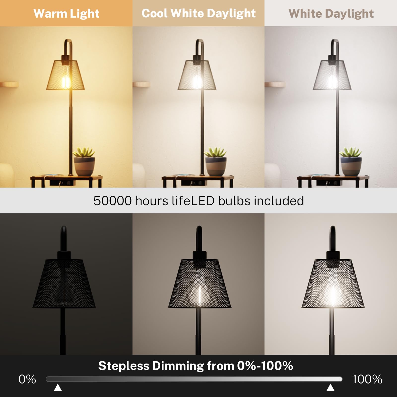 Modern Floor Lamp with Side Table - USB Charging Port & Outlet, Adjustable Bedside Nightstand End Table with Built-in Light for Living Room, Bedroom, Guest Room - Includes LED Bulbs (2 Pack) - Perfect for Reading, Working & Charging Devices