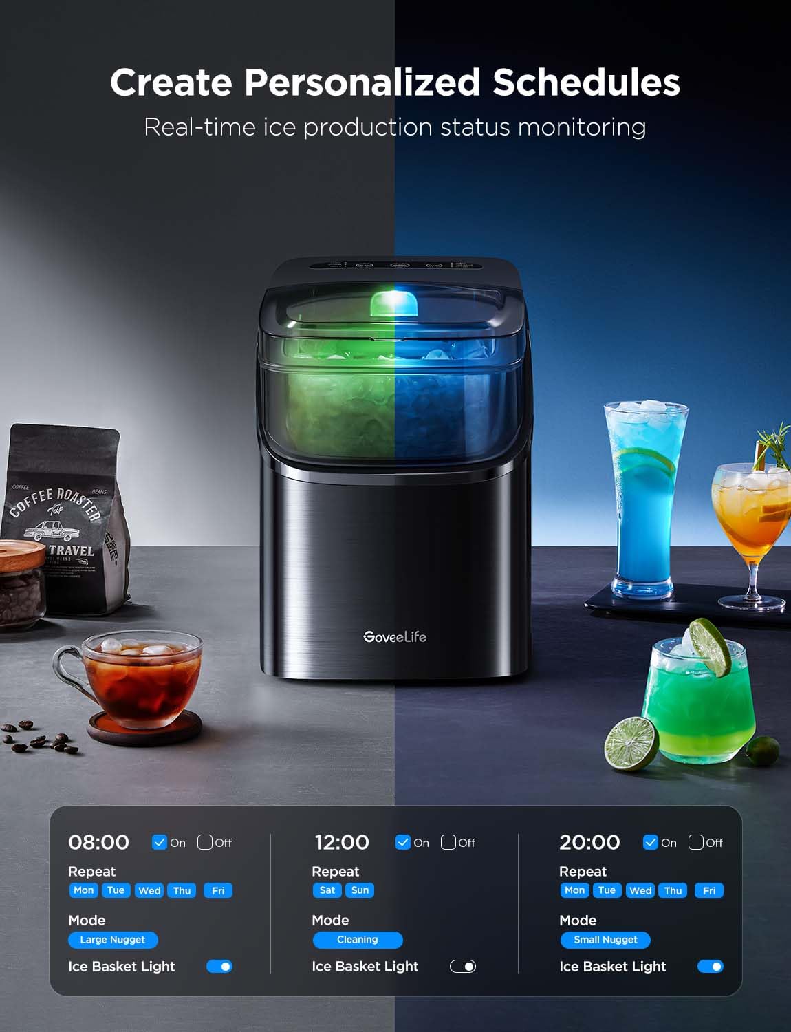 GoveeLife Smart Countertop Ice Maker Machine - Portable Ice Cube Maker with Voice Control, 9 Cubes in 6 Mins, 26lbs/24Hrs, 3 Size Options, Self-Cleaning & RGB Lights, Ultra Quiet - Perfect for Kitchen, Home Bar, RV & Office Use (Black)