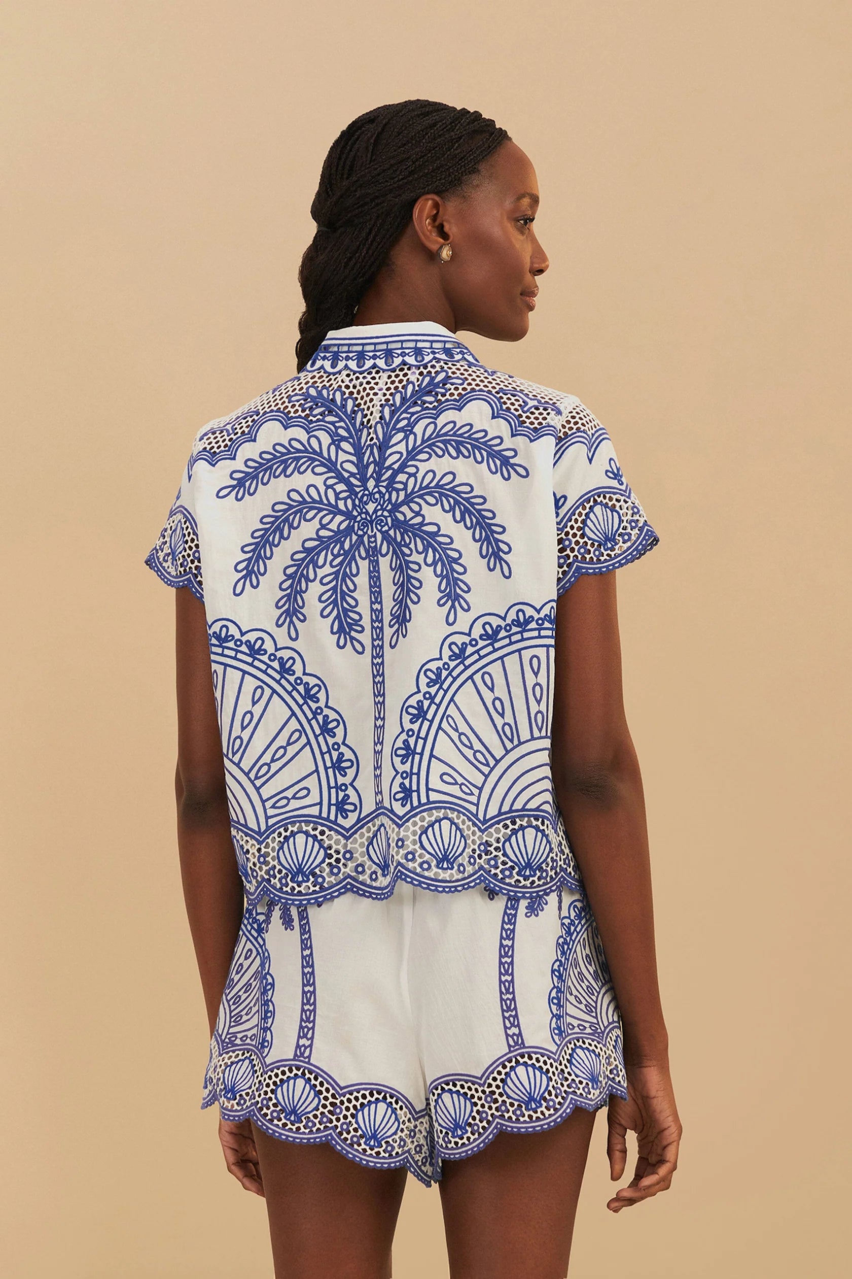 Farm Rio Women's Palm Trees Richelieu Shirt - Floral Print Long Sleeve Blouse for Beach, Vacation & Summer Outfits