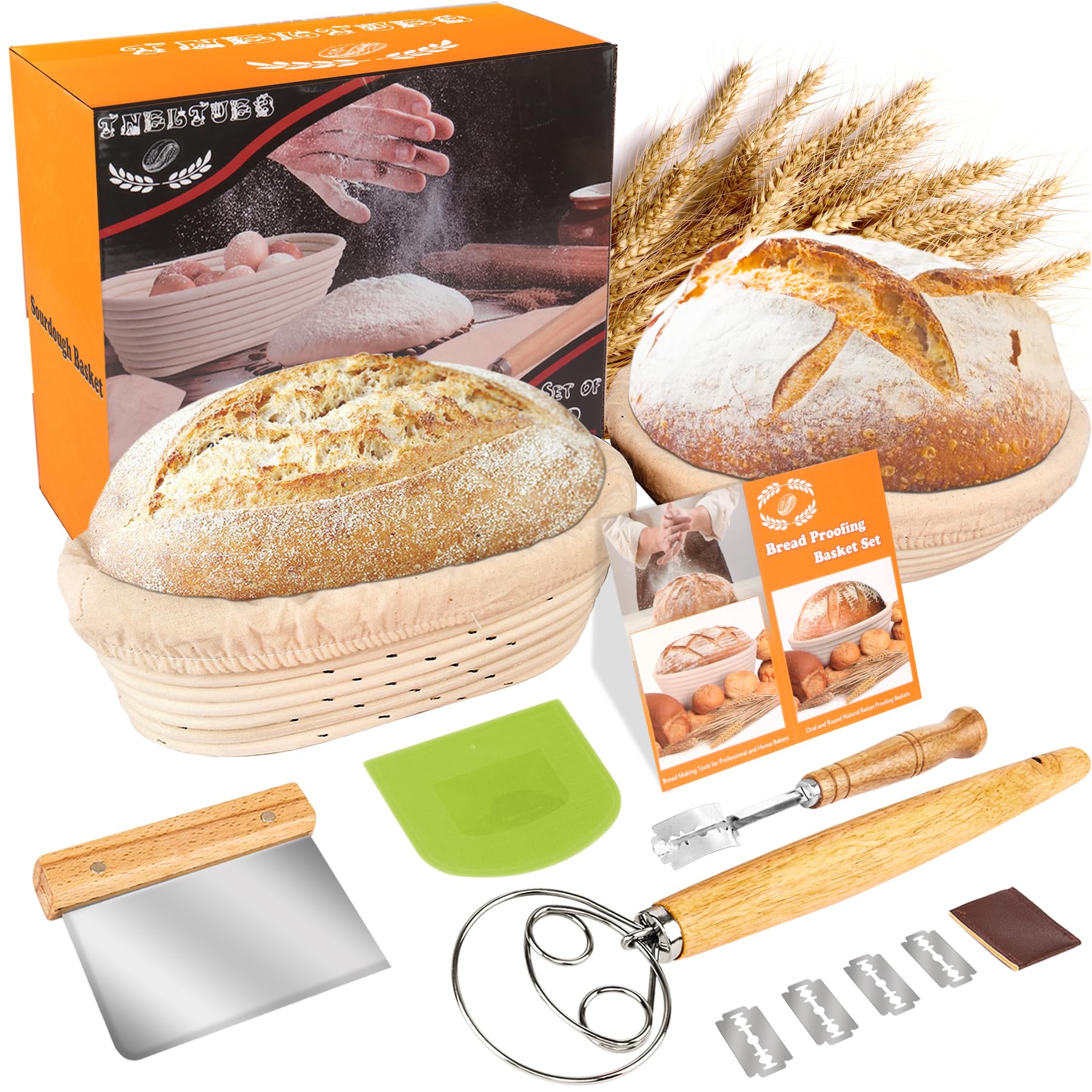 Premium Bread Proofing Basket Set - 10'' Round & 9.6'' Oval Rattan Banneton with Dough Whisk, Scraper, Lame & Linen Liner | Natural Sourdough Baking Kit for Artisan Bread Making at Home
