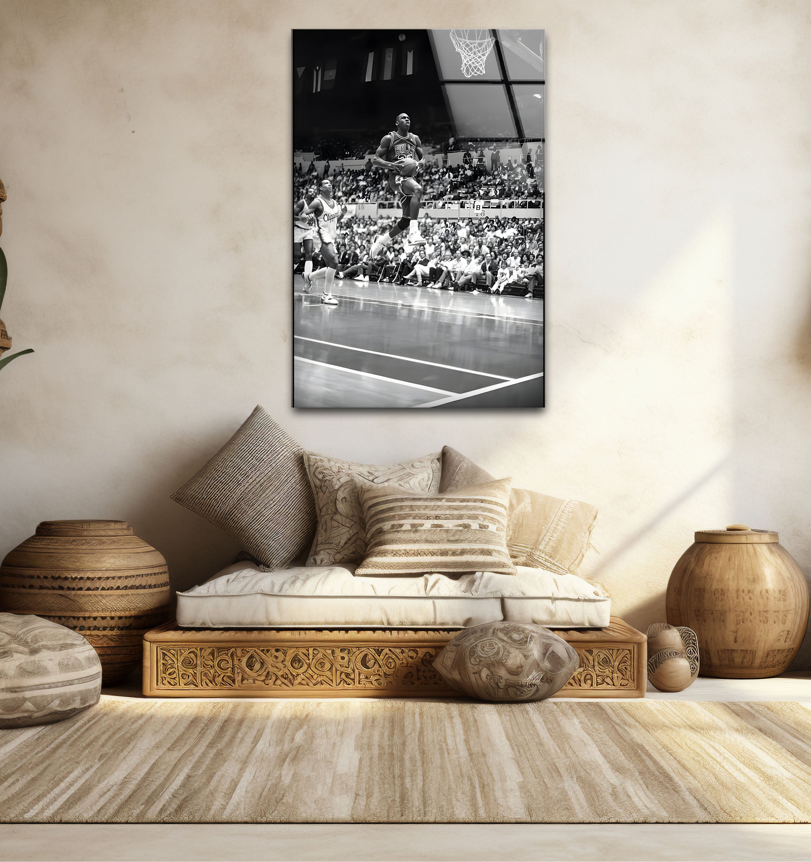 Michael Jordan Black and White Glass Wall Art - Premium Basketball Decor for Home, Office, or Man Cave