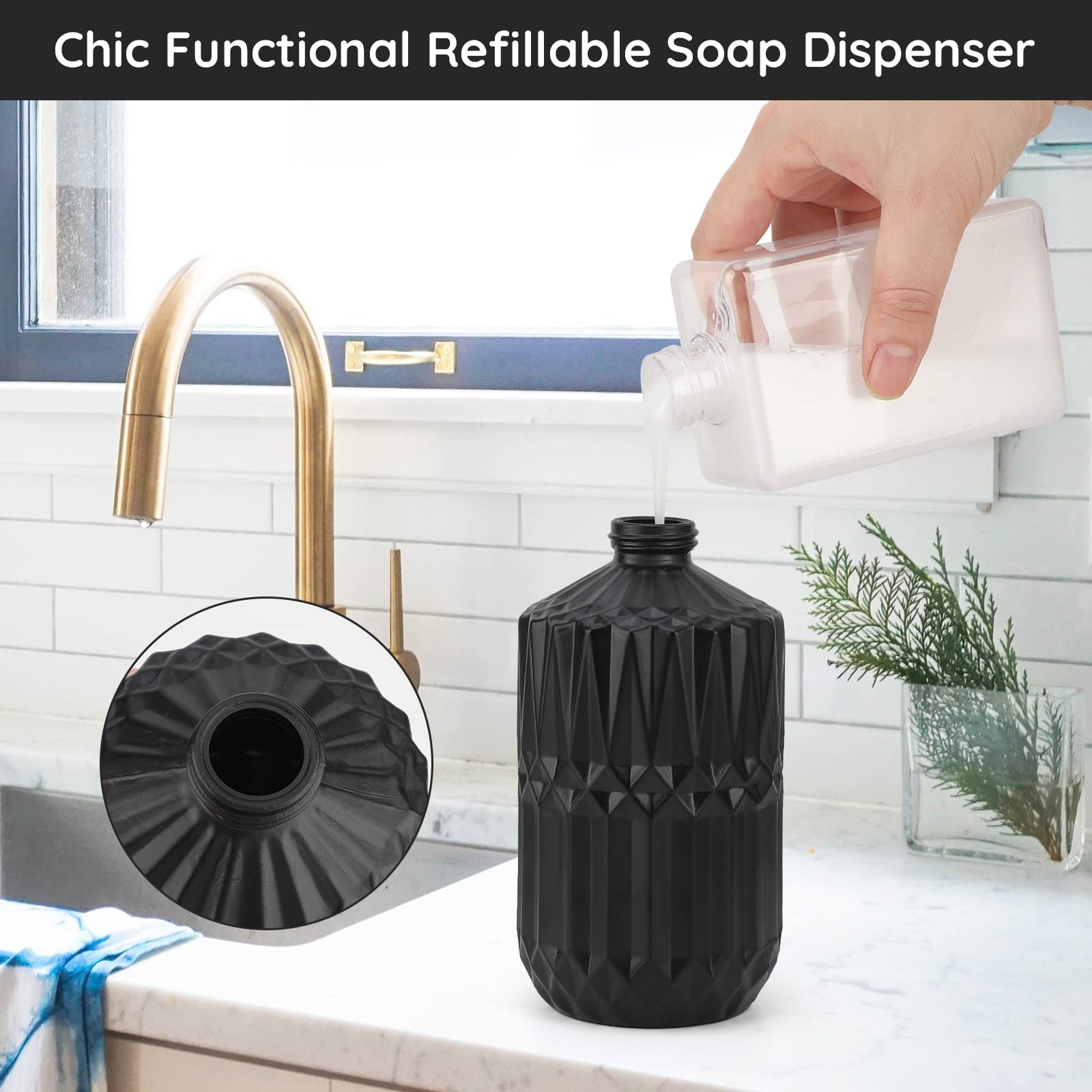 Segbeauty 2-Pack Black Soap Dispenser Set - 15.2oz (450ml) Glass Pump Bottles with Labels for Farmhouse & Modern Home Decor - Refillable Kitchen & Bathroom Accessories - Perfect for Hand Soap, Dish Soap, or Lotion Dispenser in Western Style Homes