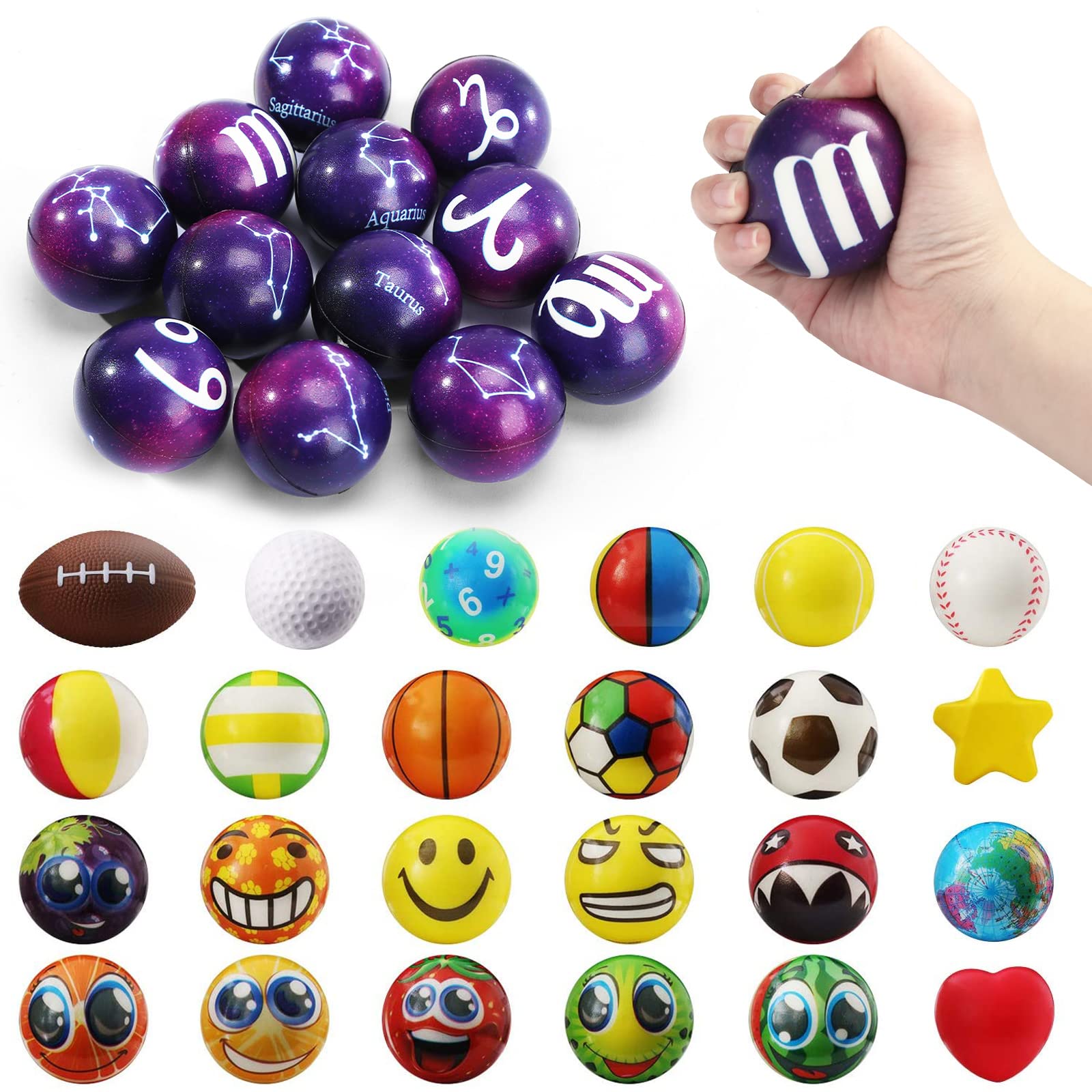 LovesTown 12PCS Zodiac Stress Relief Balls & 24PCS Assorted Sensory Fidget Toys for Anxiety Relief, Finger Exercise, Classroom Rewards, Party Favors - Perfect for ADHD, Autism, Office & School Stress Relief