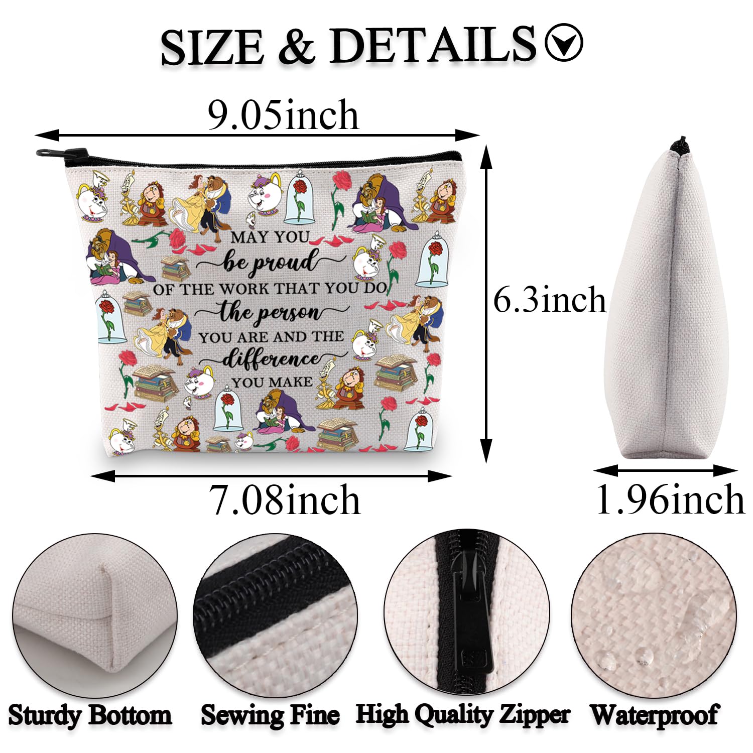 Disney Princess Belle Inspired Makeup Bag - Motivational Quote 'May You Be Proud' Beauty Travel Cosmetic Pouch - Perfect Gift for Women, Girls & Disney Fans (Be Proud Beauty Bag) - Ideal for Travel, Work & Daily Makeup Organization