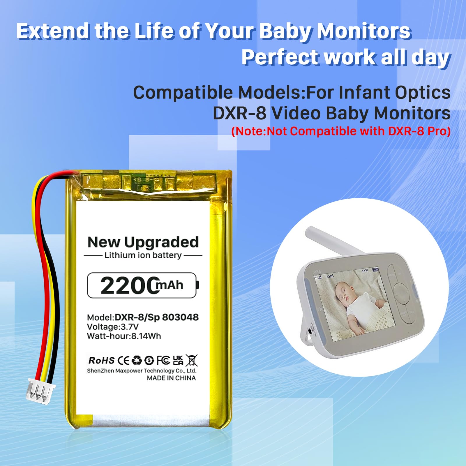 DXR-8 Video Baby Monitor Battery - 2200mAh High Capacity Li-ion Replacement Battery for Infant Optics DXR-8 Baby Monitor & Corsair HS70 Pro Headset - Perfect for Nighttime Monitoring and Long Gaming Sessions